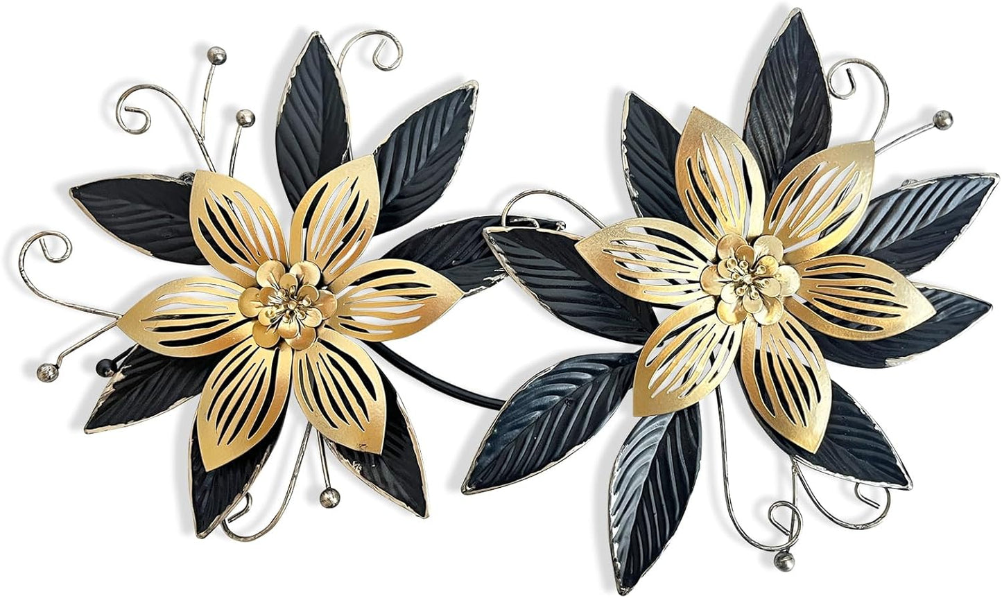 Black Gold Metal Flowers Wall Decor,15" 3D Multi-Layer Modern Floral Art, Rustic Distressed Hanging Decor for Indoor, Bedroom Living Room Garden Patio, Home Decoration Accent
