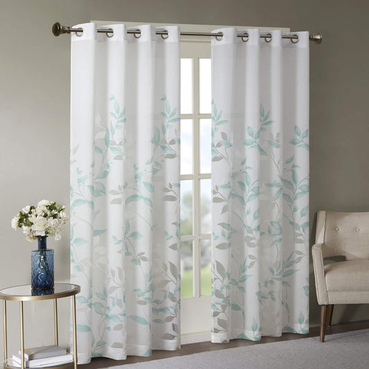 Cecily Semi Sheer SINGLE Panel Curtain, "50X84", Leaves Aqua