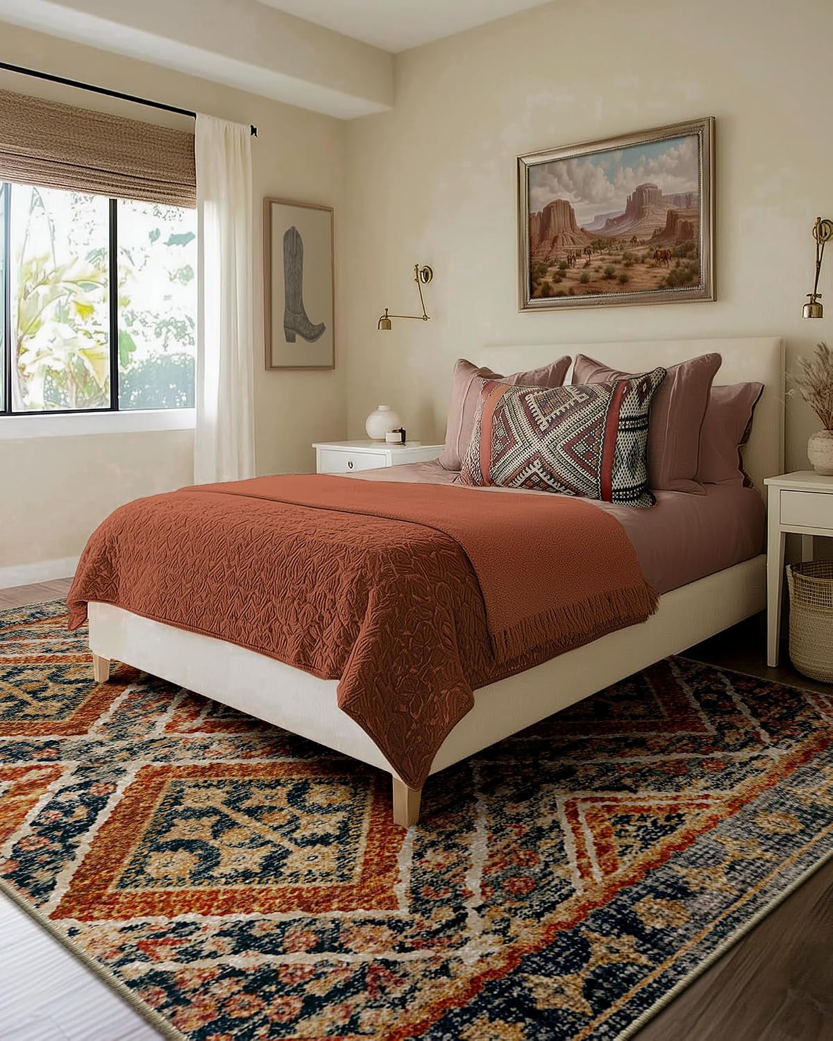 Low Pile Print Pattern Western Area Rug 5X7 Non-Slip - Orange/Brown