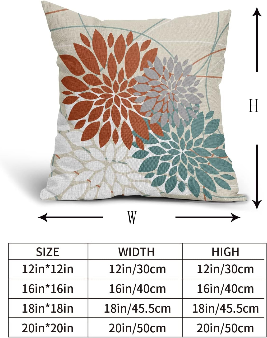 Orange Aqua Throw Pillow Covers 16X16 Dahlia Flower White Gray Elegant Colored, Set of 2