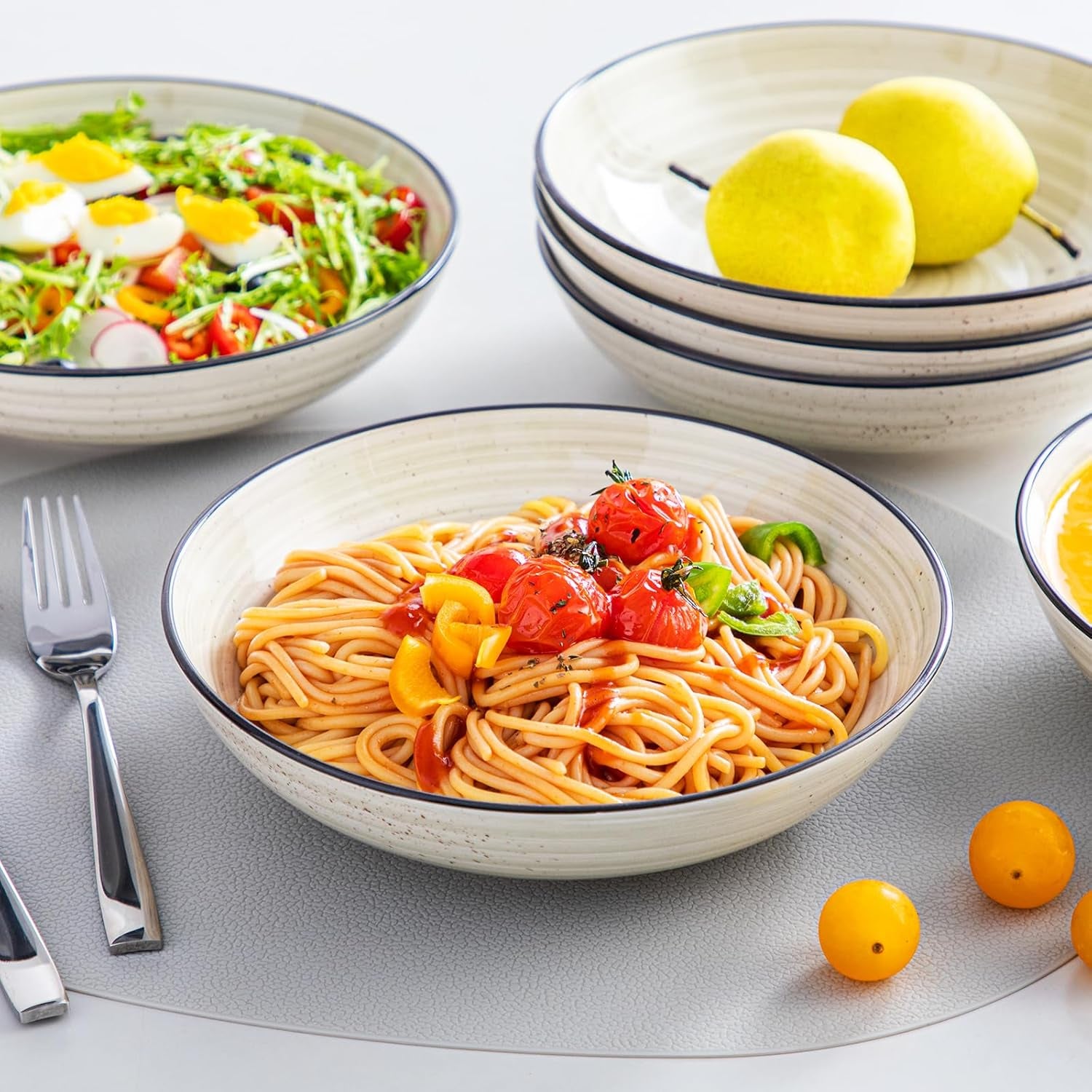 Bonbon Pasta Bowls Set of 6, 38 Oz Ceramic Salad Bowls, Wide and Shallow Bowls Set, Large Serving Bowls for Kitchen, Beige