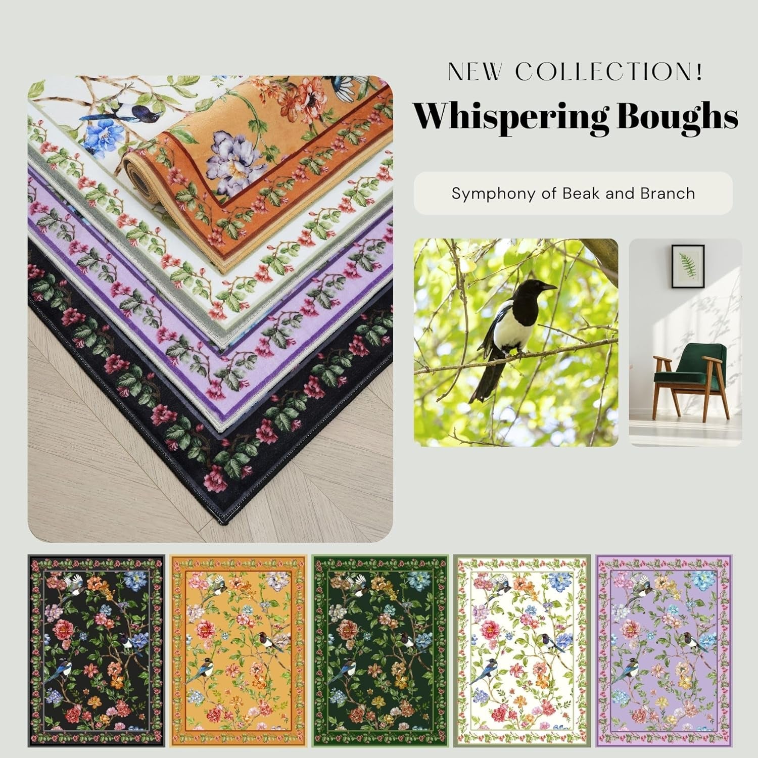 Runner Rug Non-Slip 2'X10' Long Washable with Rubber Backing, Soft Floral Bird Magpies Animal Carpet (White)