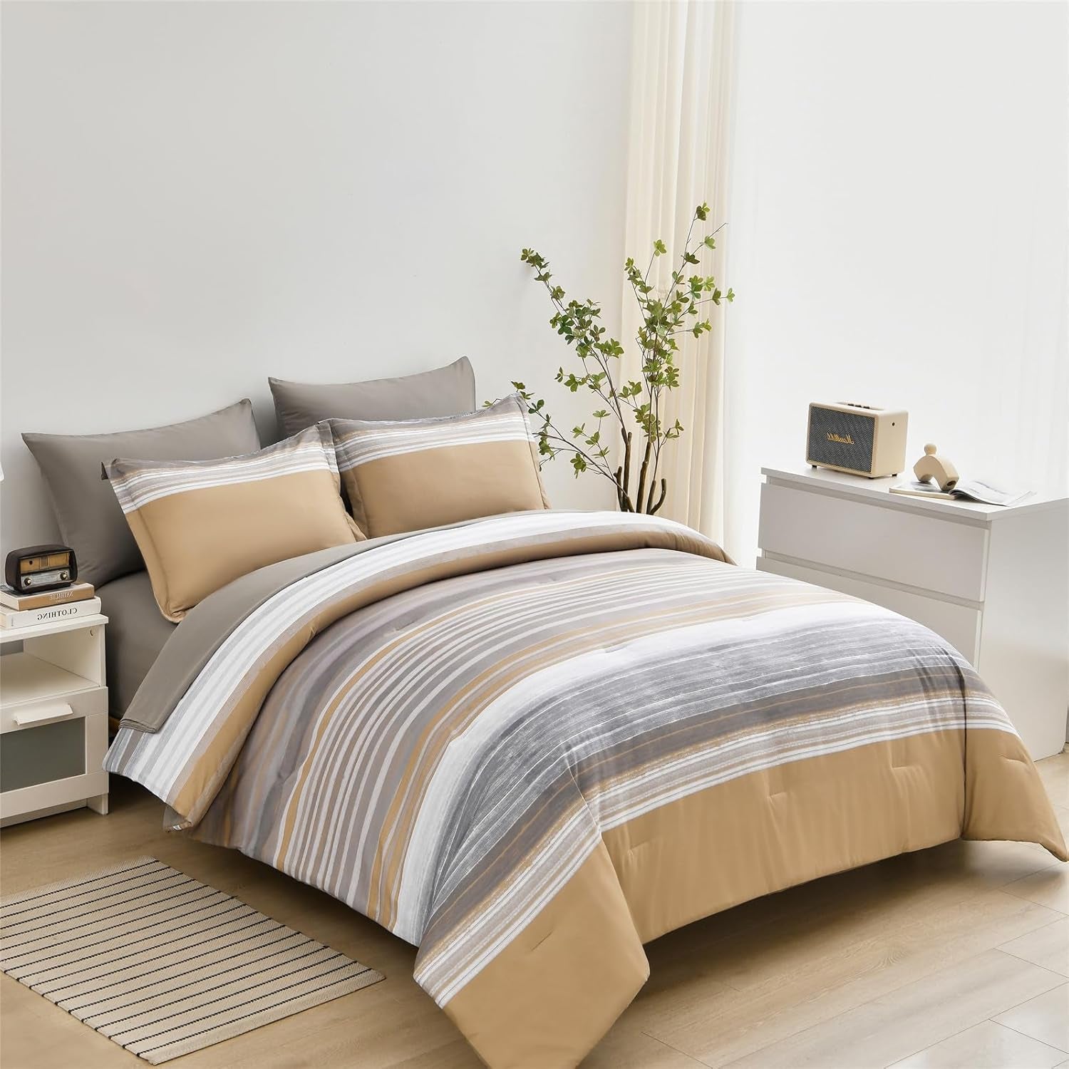 7 Piece Bed in a Bag Stripe Comforter Set Full Size, White Grey Khaki Striped Comforter and Sheet Set (Khaki,Full)