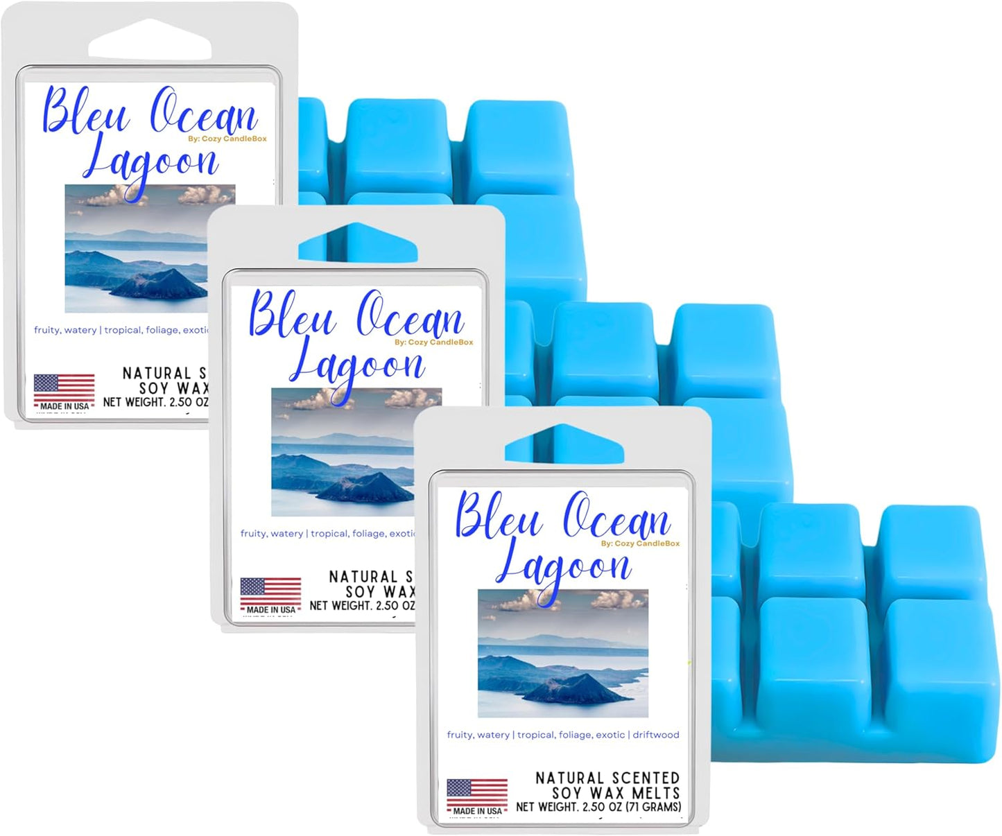 Soy Wax Melts, Bleu Ocean Lagoon Volcano Wax Melts Made with 100% Soy and Essential Fragrance Oils Pack of 3