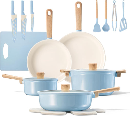 24Pcs Ceramic Cookware Set, Pots and Pans Non Stick Kitchen Cookware Sets, Pots and Pans Set Cooking Set with Knife Set