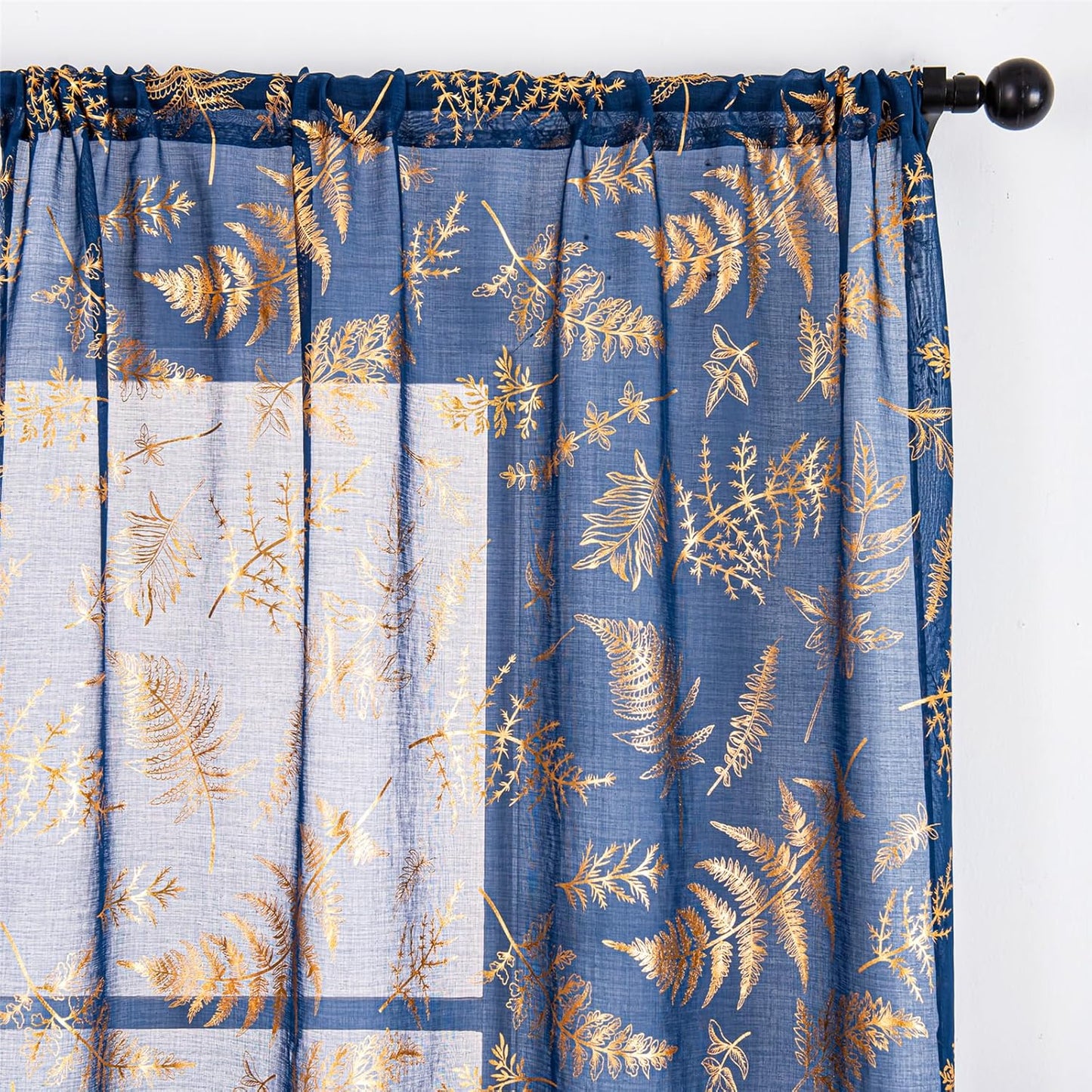 Sheer Curtains 2 Panels, Gold Foil Metallic Vine Leaves Print Window Treatments Pair, Privacy Drapes Rod Pocket 52" W X 84" L, Navy Blue