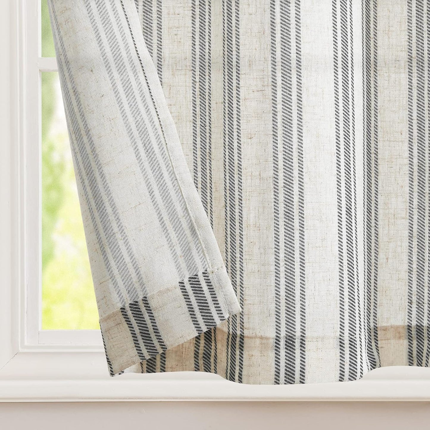 Linen Striped Kitchen Curtains 24 Inch Farmhouse Small Cafe Curtains Balanced Stripe Half Window, 2 Panels Black on Beige
