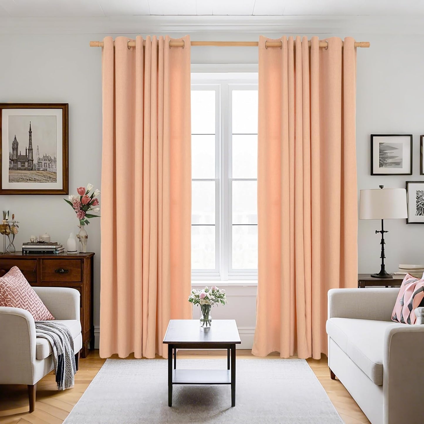 Peach Linen Curtains 84 Inch Length for Living Room Window, Farmhouse Spring Decor Thick Textured, 2 Panels, Each 52 Inch Wide
