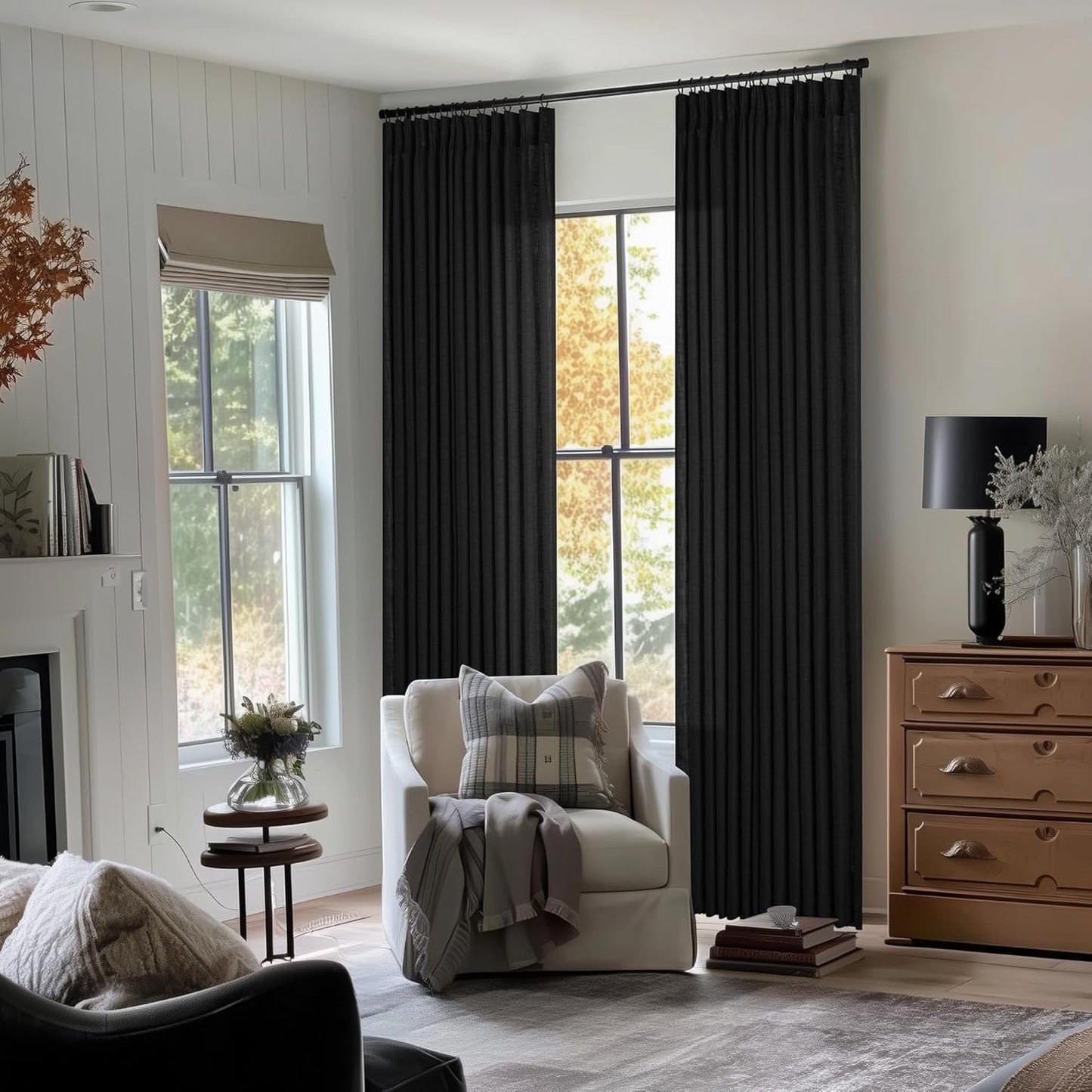 Black Linen Semi Sheer Curtains 90 Inches Long, Light Filtering, Pinch Pleated Curtains