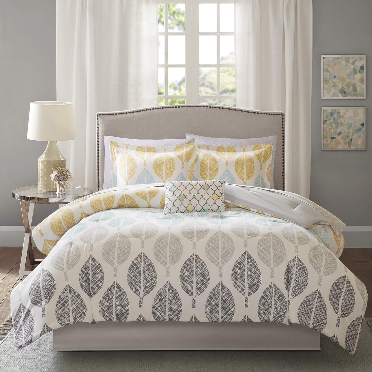 Essentials Bed in a Bag Comforter, Vibrant Color Design All Season down Alternative Cover with Complete Cotton Sheet Set, Full(78"X86"), Central Park, Leaf Yellow/Aqua