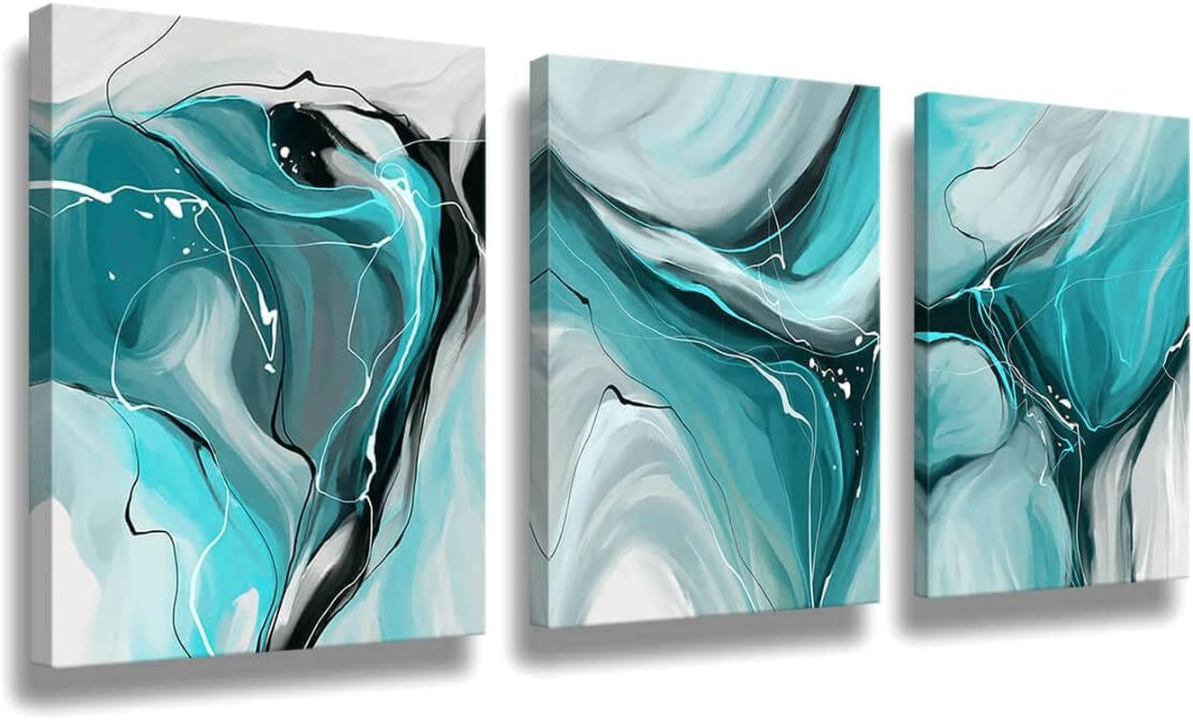 Modern Abstract Wall Art Canvas Prints, 3-Piece Teal and Gray Fluid Art, Contemporary Home Decor Wall Art, 12X16 Inch/Set of 3