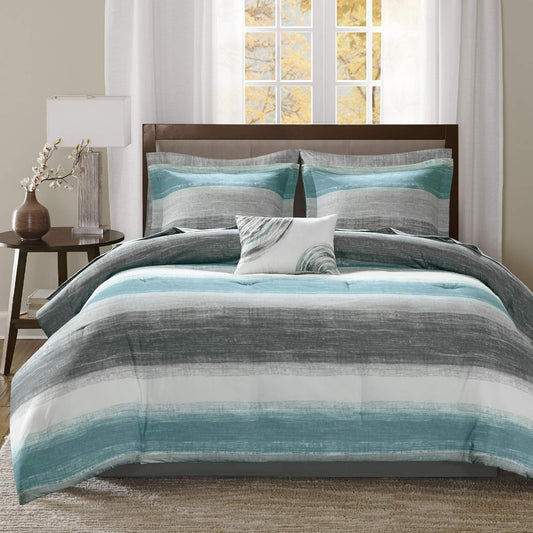 Essentials Cal King Comforter Set, Bed in a Bag, Watercolor Print Coastal Comforter & Chambray Cotton Sheet Set (104 in X 92 In) 9 Piece