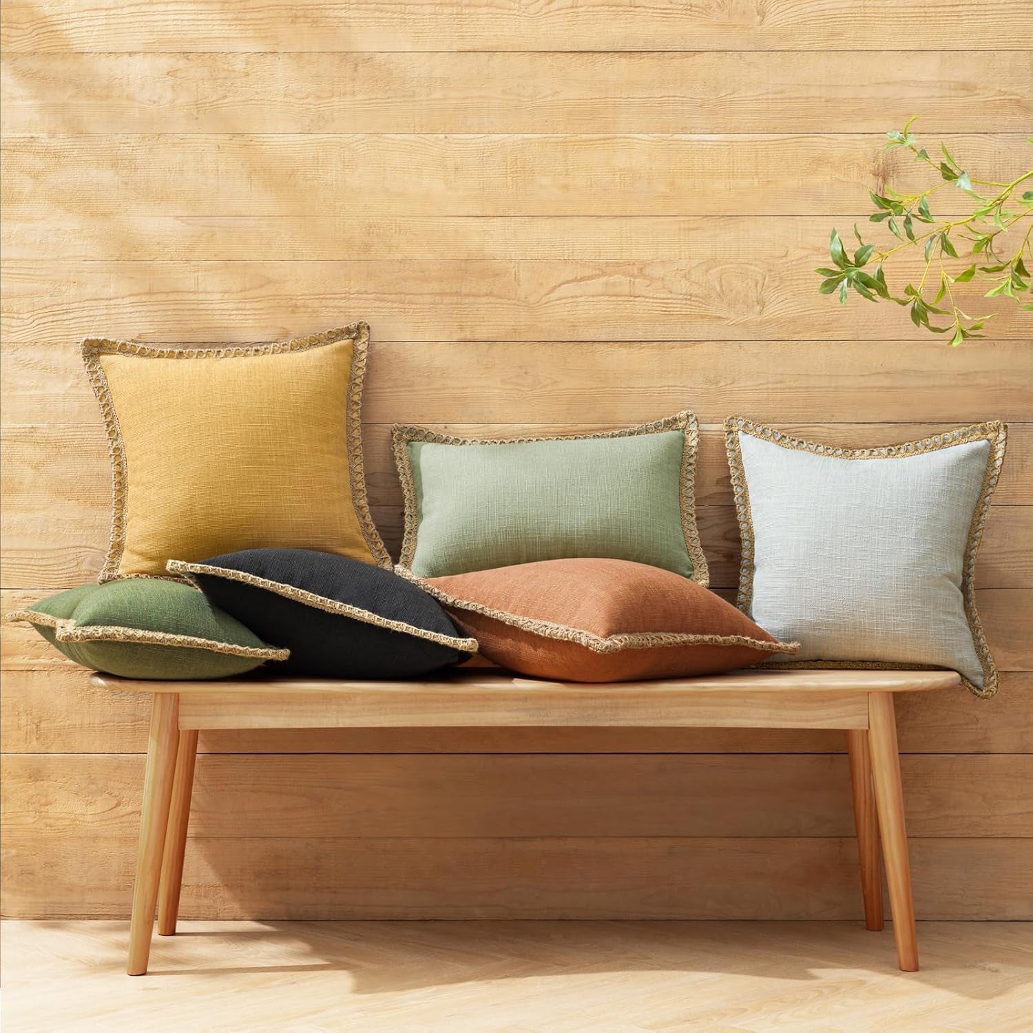 Pack of 2 Farmhouse Decorative Throw Pillow Cover Solid Burlap Linen Trimmed Tailored Edges, Olive Green, 20 X 20 Inches