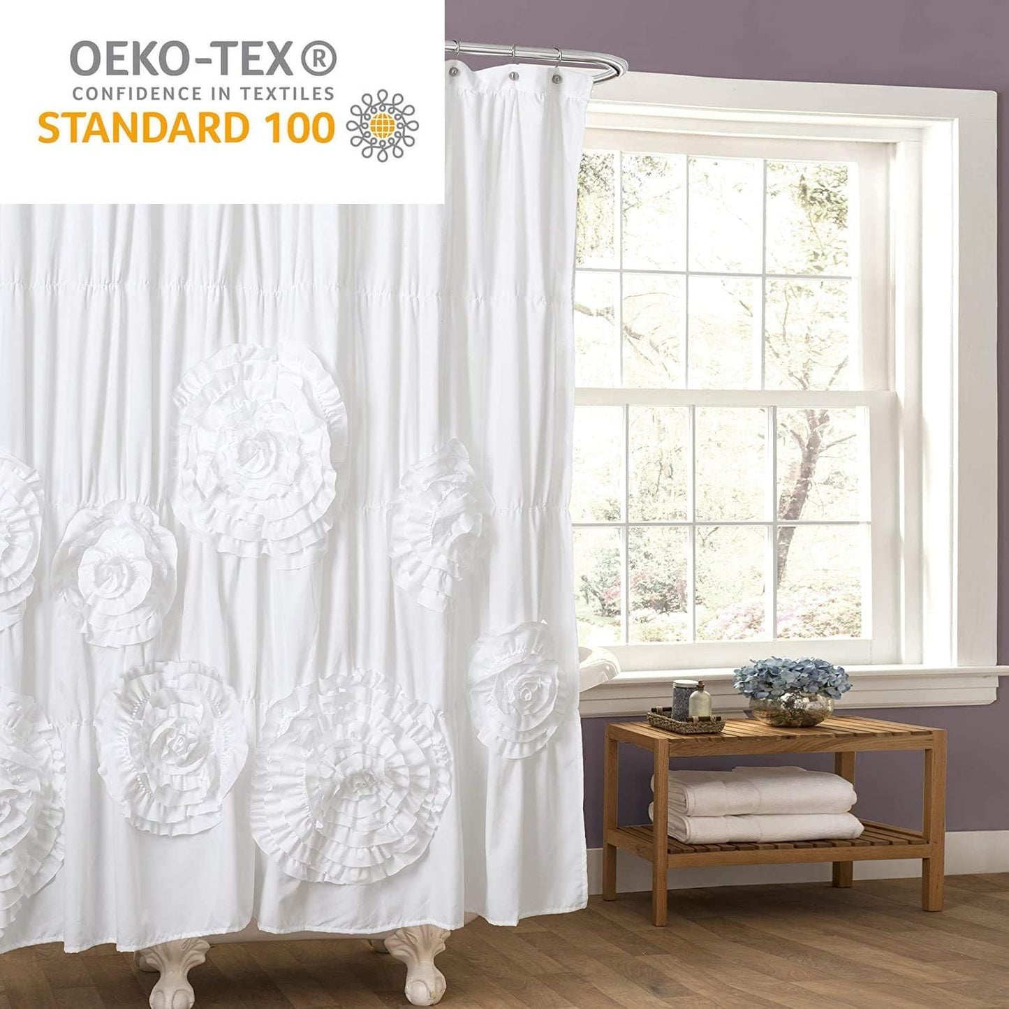 Serena Ruffle Shower Curtain, 72" W X 72" L, White - Beautiful Ruched Flower Design