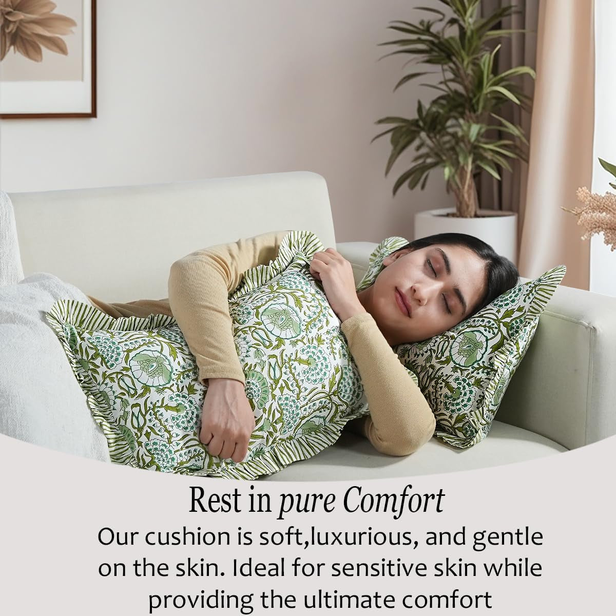 CPC Agate Green 100% Cotton Block Print Ruffle Sham Cover 12X20 Inch