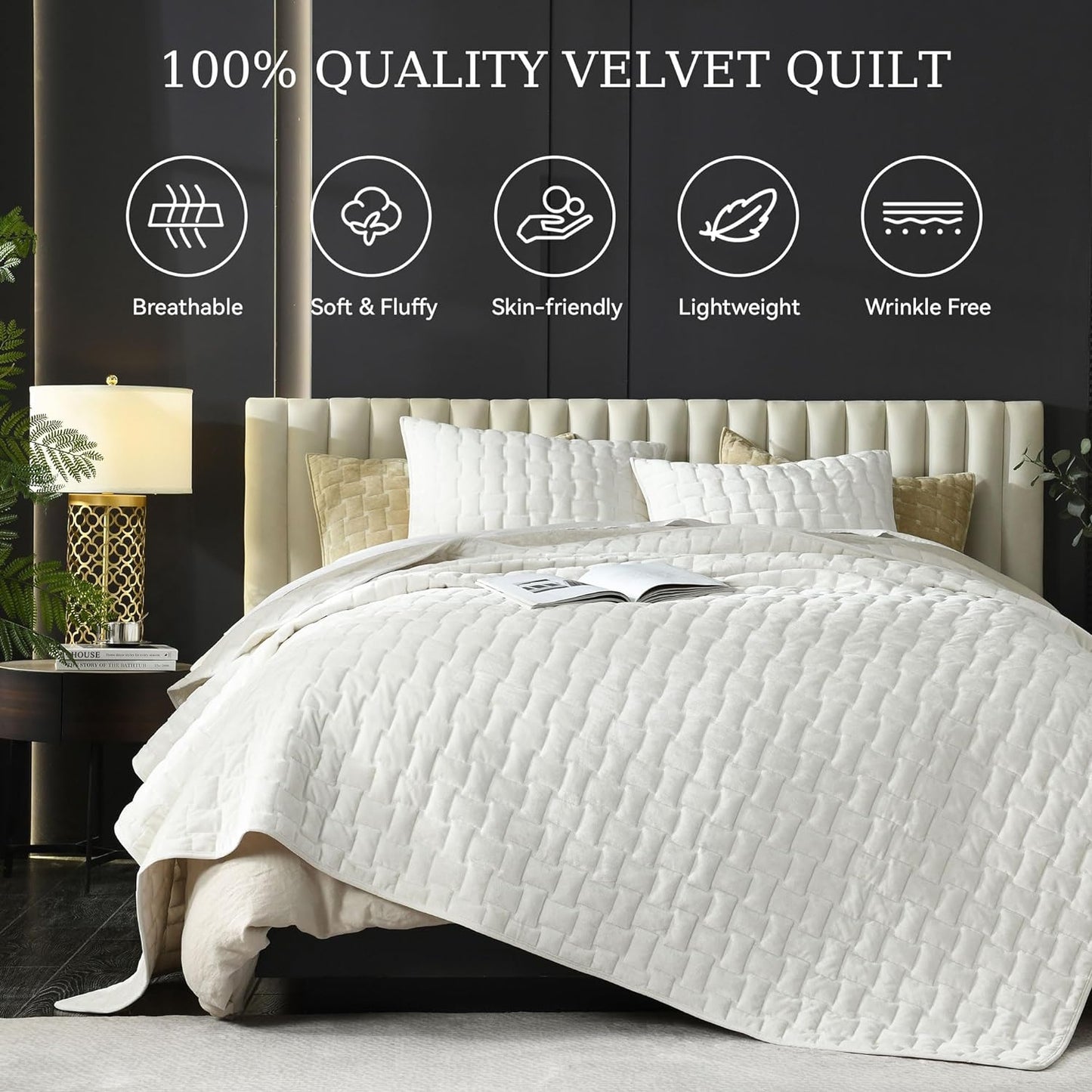 Velvet Quilt King Size - Luxury Cozy Cream White Set, Lightweight
