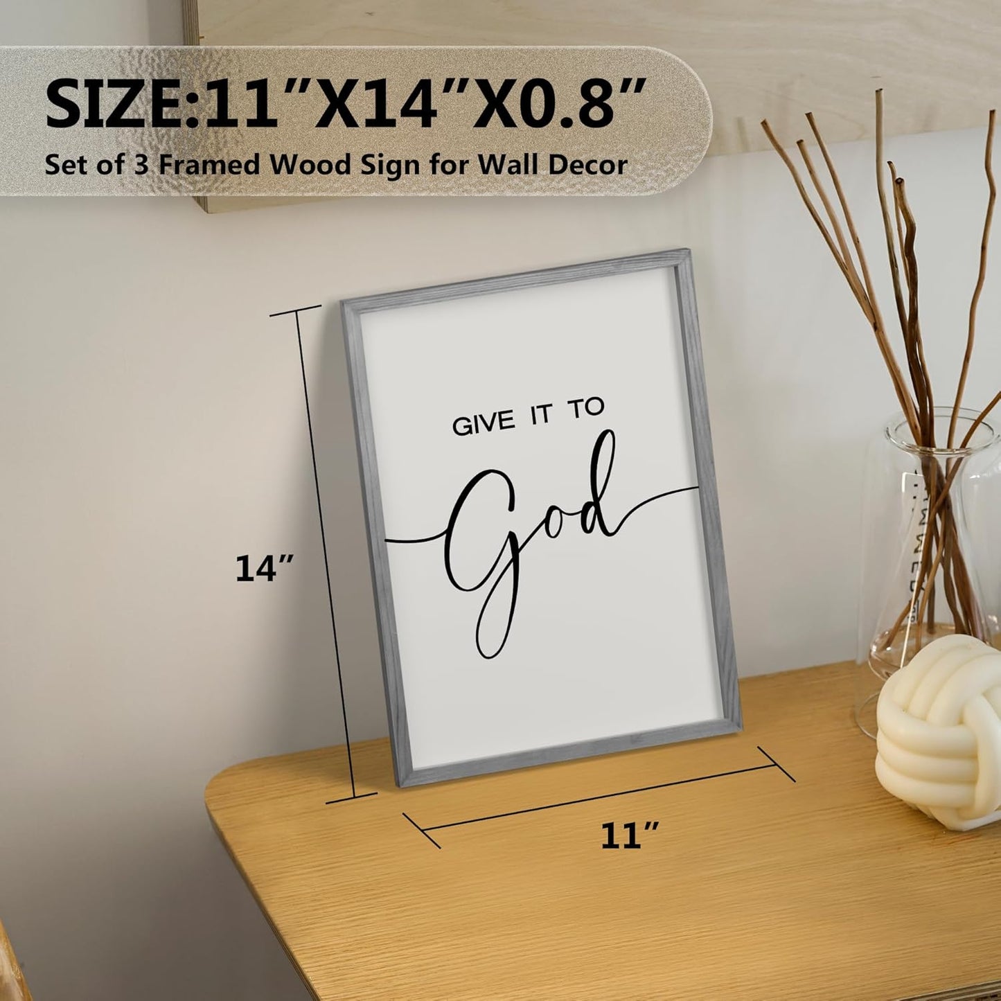 Give It to God and Go to Sleep Sign Set of 3 Wall Decor, Wood Framed (Gray, 11”X14”)