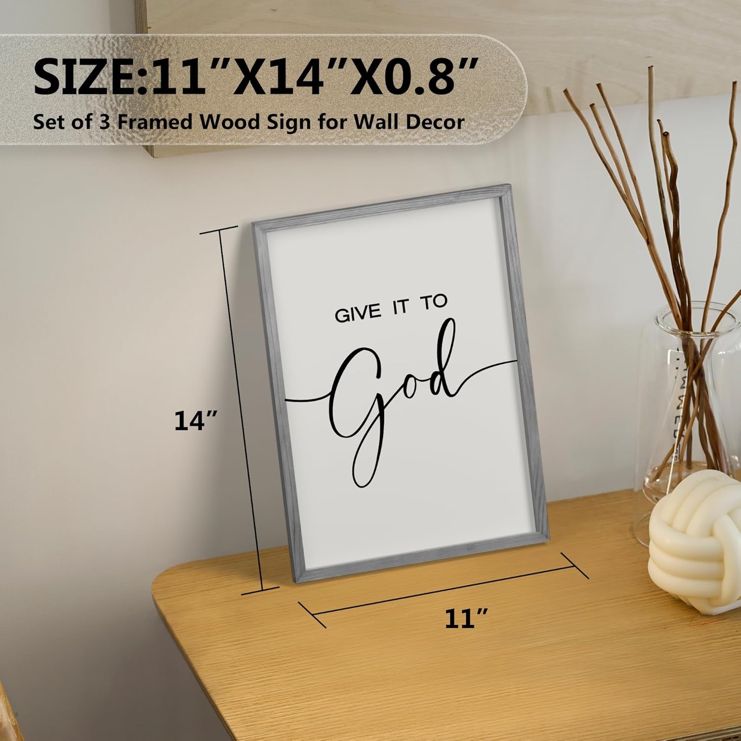 Give It to God and Go to Sleep Sign Set of 3 Wall Decor, Wood Framed (Gray, 11”X14”)