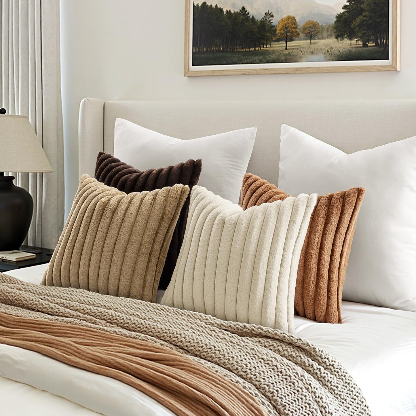 Faux Fur Plush Decorative Throw Pillow Covers 18X18 Set of 4,Brown