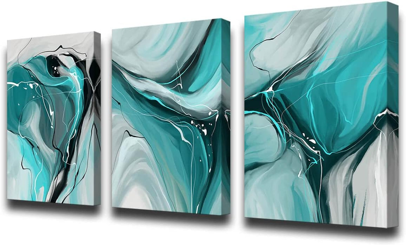 Modern Abstract Wall Art Canvas Prints, 3-Piece Teal and Gray Fluid Art, Contemporary Home Decor Wall Art, 12X16 Inch/Set of 3