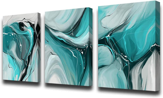Modern Abstract Wall Art Canvas Prints, 3-Piece Teal and Gray Fluid Art, Contemporary Home Decor Wall Art, 12X16 Inch/Set of 3