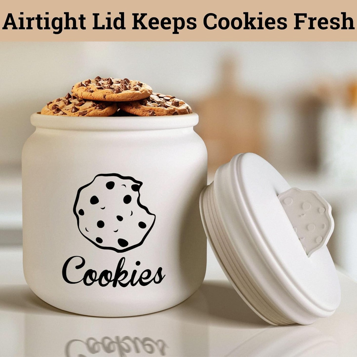 Cookie Jar with Airtight Lid - 6" X 8" H Matte White Ceramic Cookie Jar with Rubber Lined Lid - Large Cookie Jars
