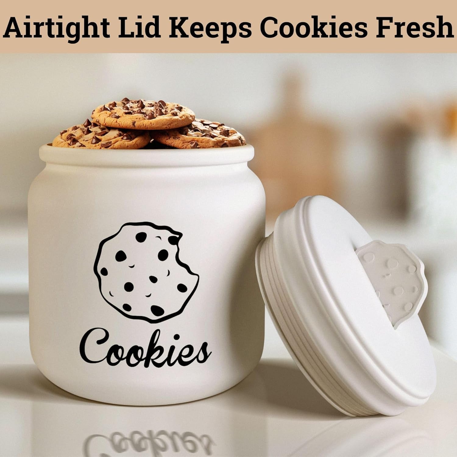 Cookie Jar with Airtight Lid - 6" X 8" H Matte White Ceramic Cookie Jar with Rubber Lined Lid - Large Cookie Jars