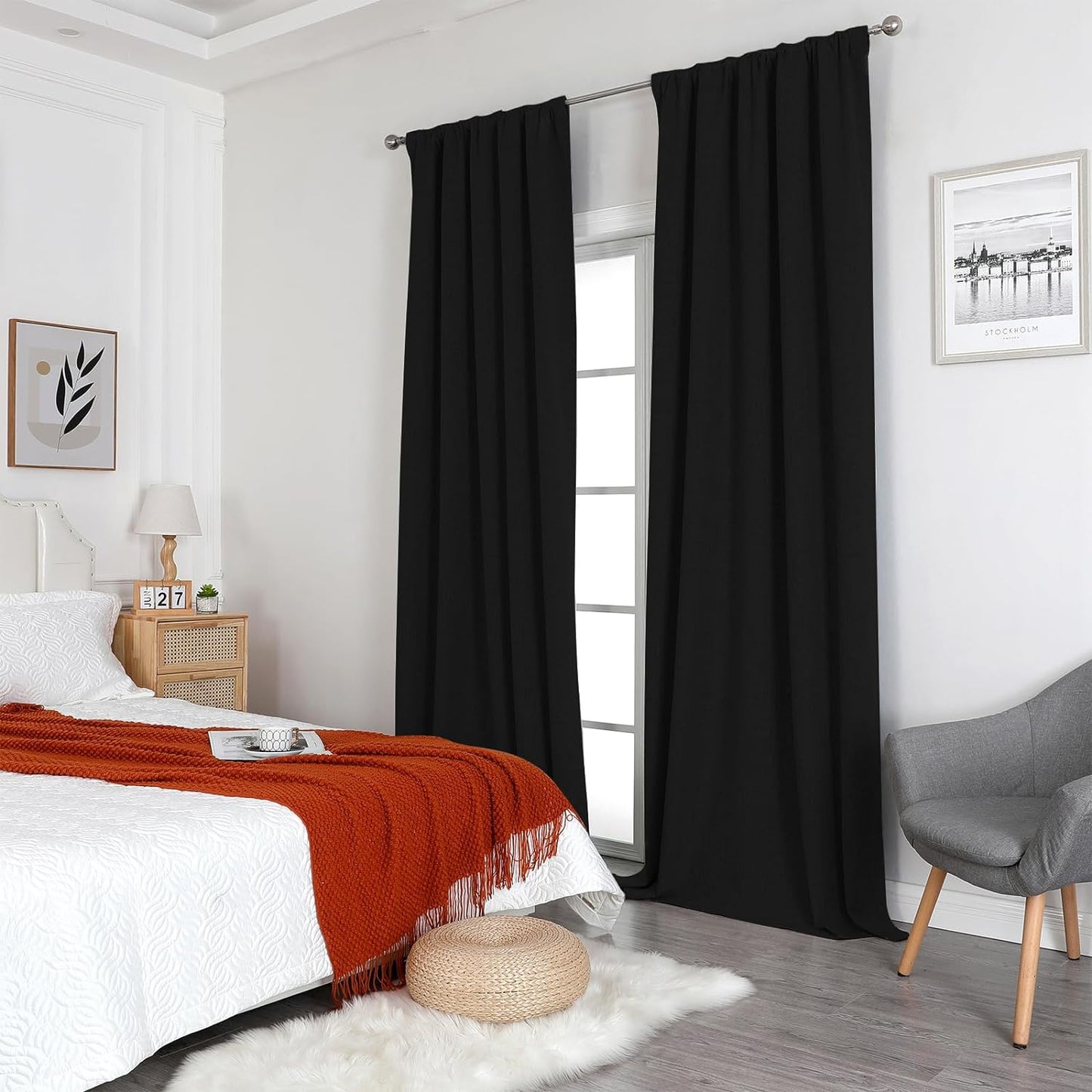 Natural Linen Curtains 2 Panels Set100% Blackout Thermal Insulated (52X84 Inch,Black)