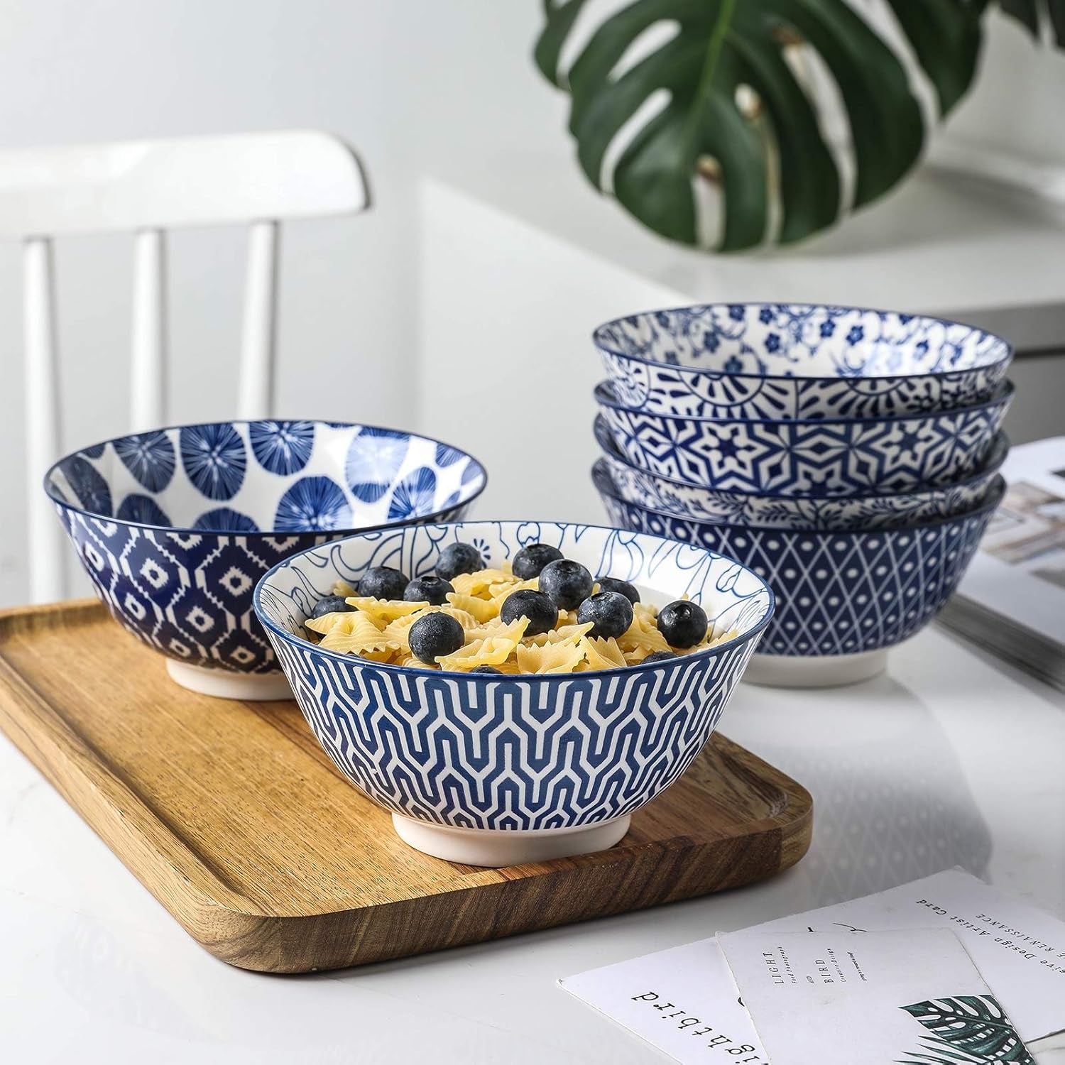 Blue and White Porcelain 20Oz Cereal Bowl Set - Set of 6, 6 Inch Soup Bowls, Vintage Blue