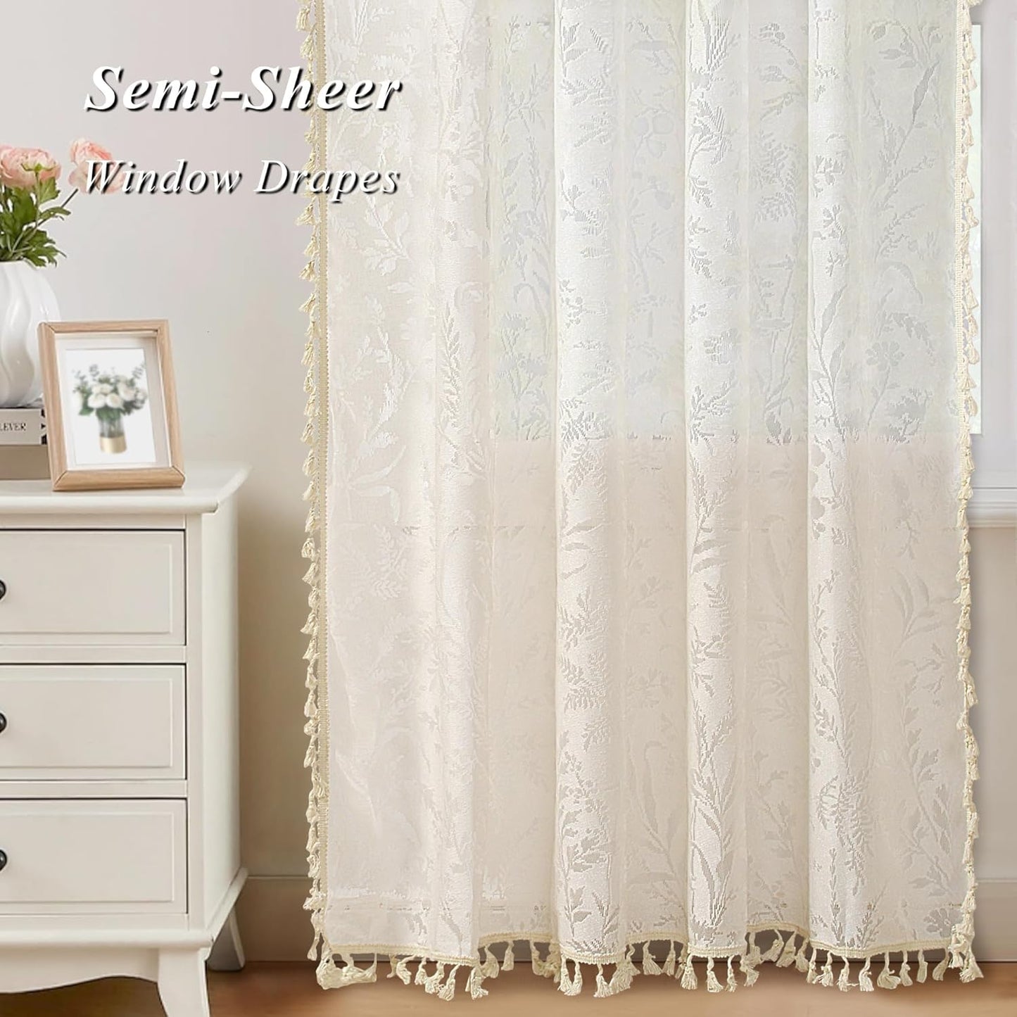 Boho Lace Curtains 84 Inch Length 2 Panels Beige Sheer Floral Leaf with Tassels, Semi Blackout Privacy Curtains 52"X84"