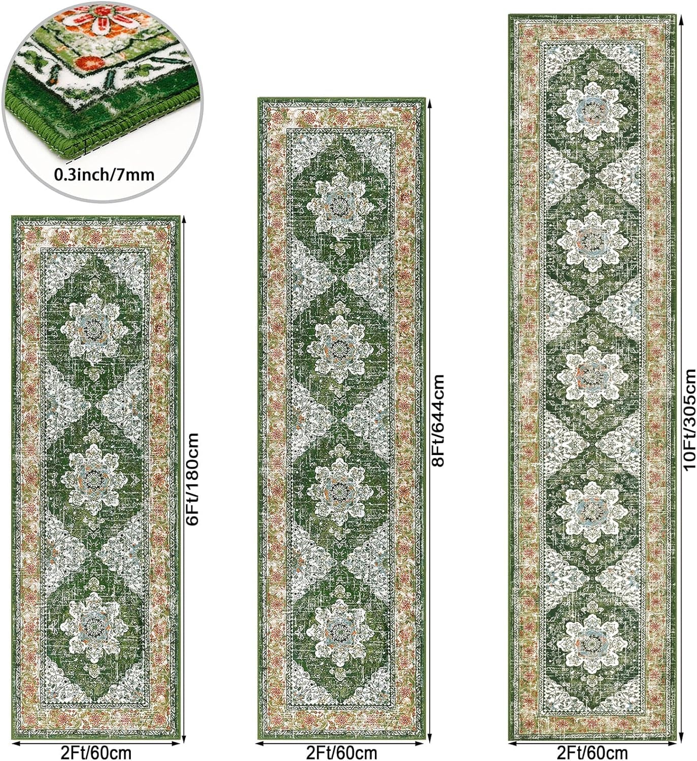 Vintage Runner Rug for Hallway 2X10Ft, Non-Slip Kitchen Floor Mat for Livingroom Corridor Indoor Doormat (Green )