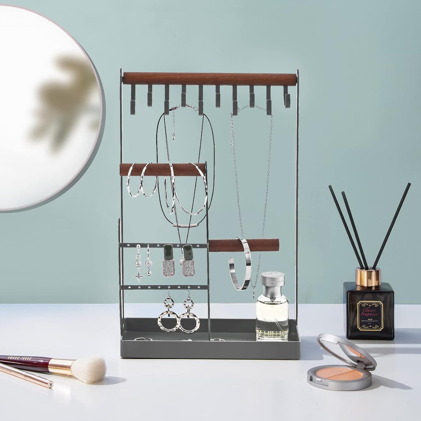 Jewelry Stand Holder Organizer, 4-Tier Necklace Holder with Ring Tray, -Medium, Grey