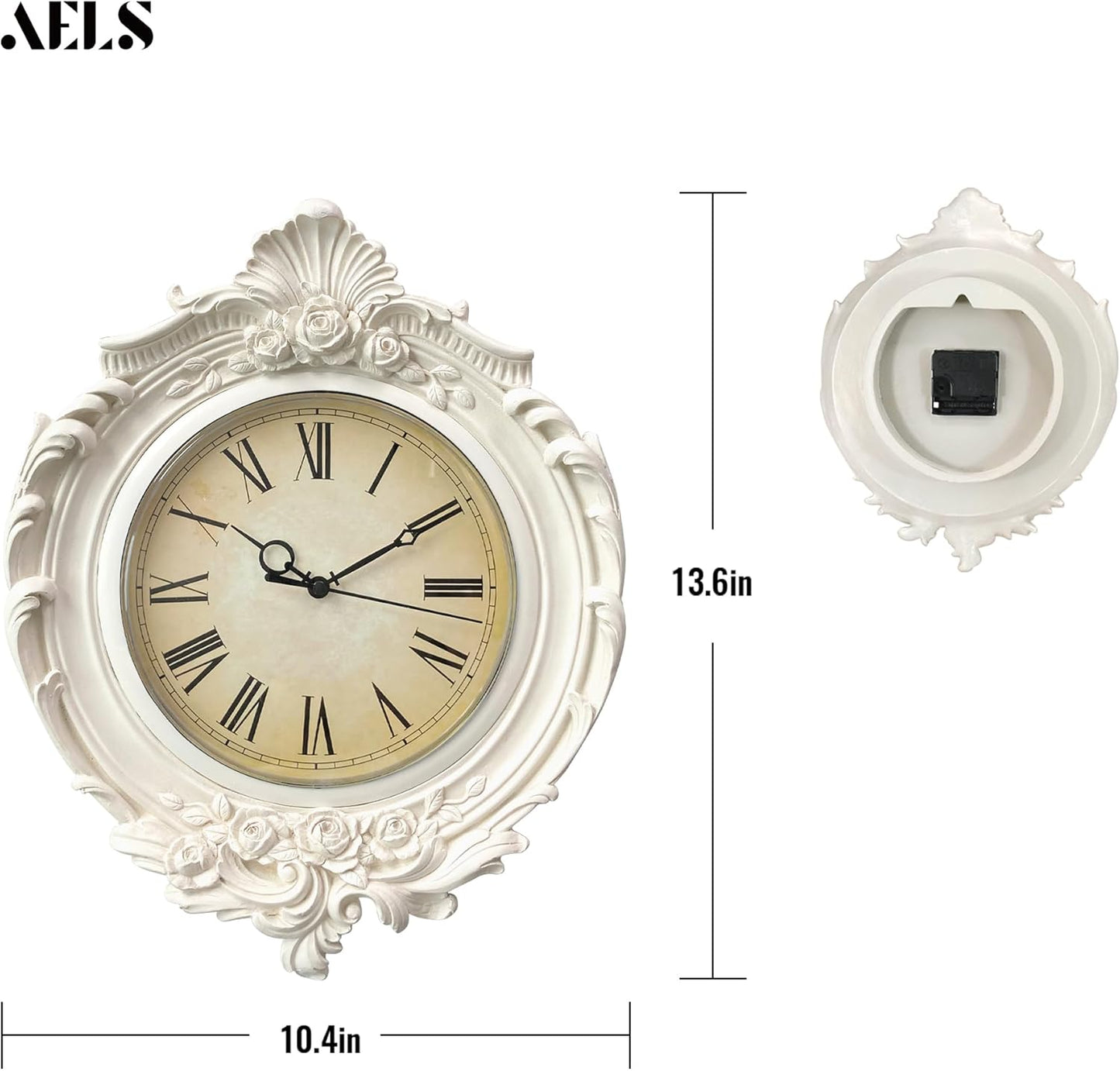 Vintage Wall Clock, European Style, Quality Quartz Battery Operated, Distressed White Grey,13X11 Inch