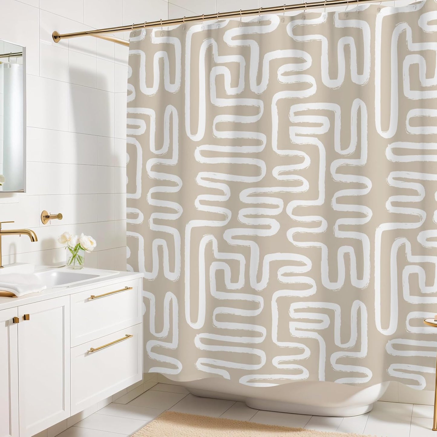 Linen Beige White Abstract Print Shower Curtain - Boho Pattern - Modern Minimalist Home Decor - Neutral Scandi Style, 72X72 Inches (Linen Lines)