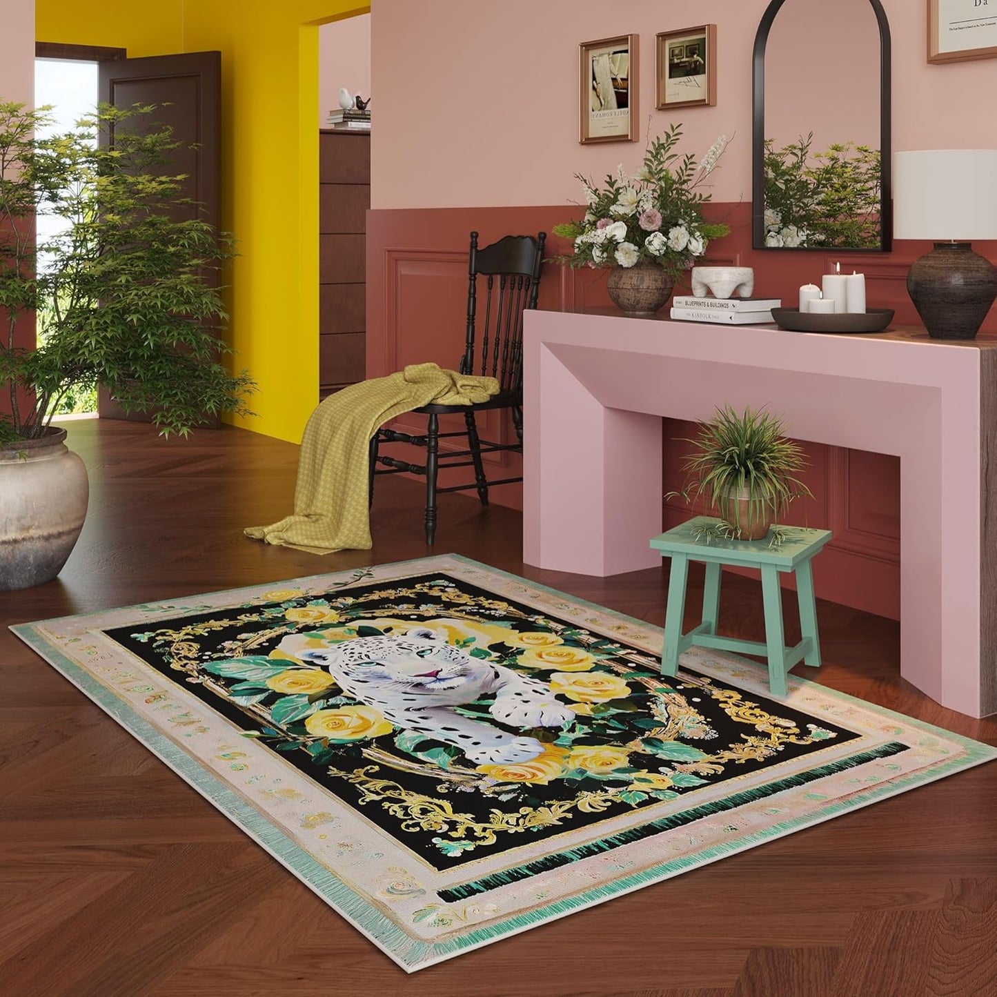 Living Room Rug 5X7 Rug Machine Washable Retro Lavish Leopard Area Rug