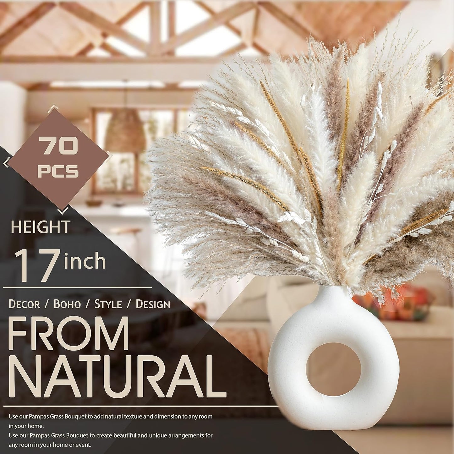 70PCS Natural Dried Pampas Grass Boho Home Decor Bouquet Phragmites Dried Flowers Bouquet for Wedding Floral Arrangements Home Decorations (70PCS)