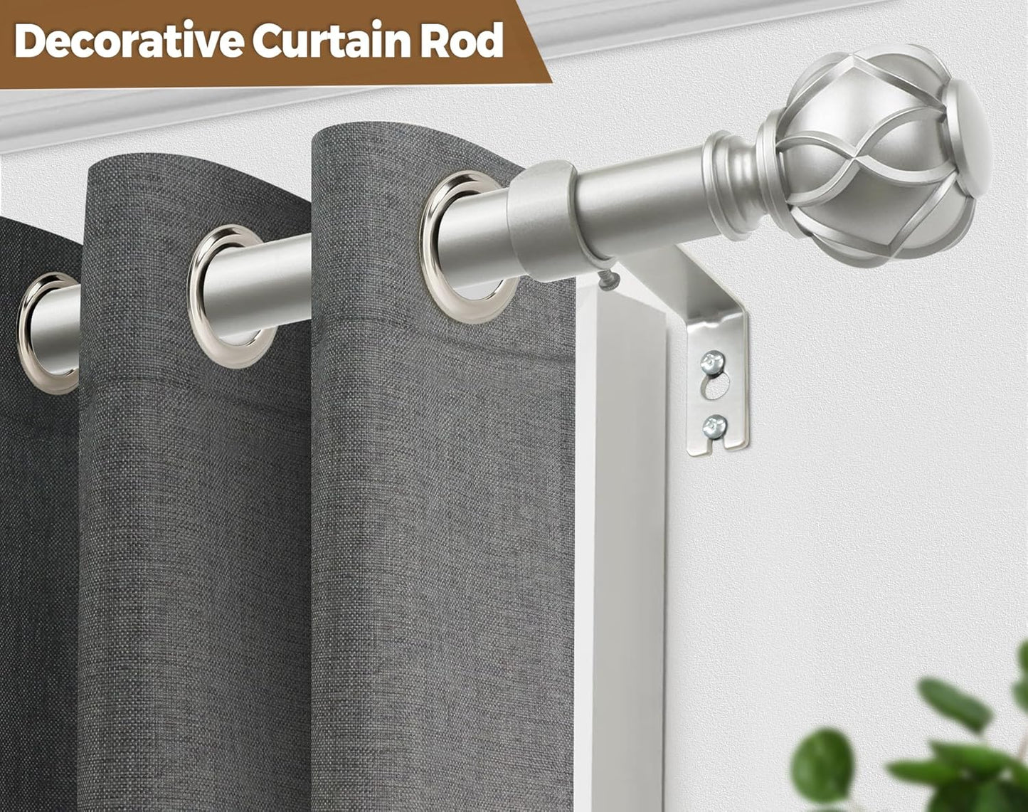 Curtain Rods for Windows, Antique Silver Curtain Rod 32 to 58 Inch(2.6-4.8Ft), 7/8 Inch Single Adjustable Drapery Rods with Decorative Netted Texture End