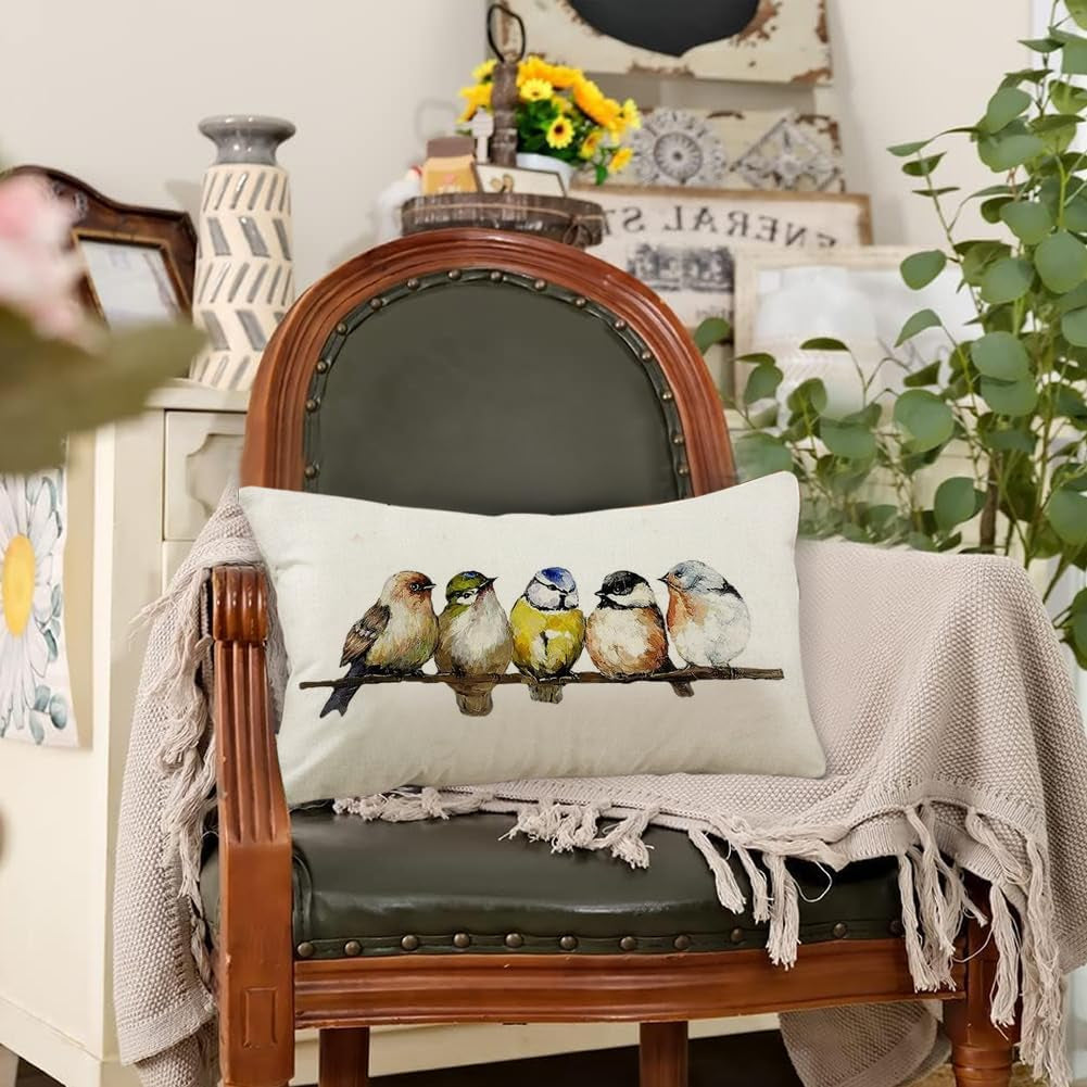 Watercolor Birds Pillows Decorative Throw Pillows 12X20, Hand-Painted Oil Painting
