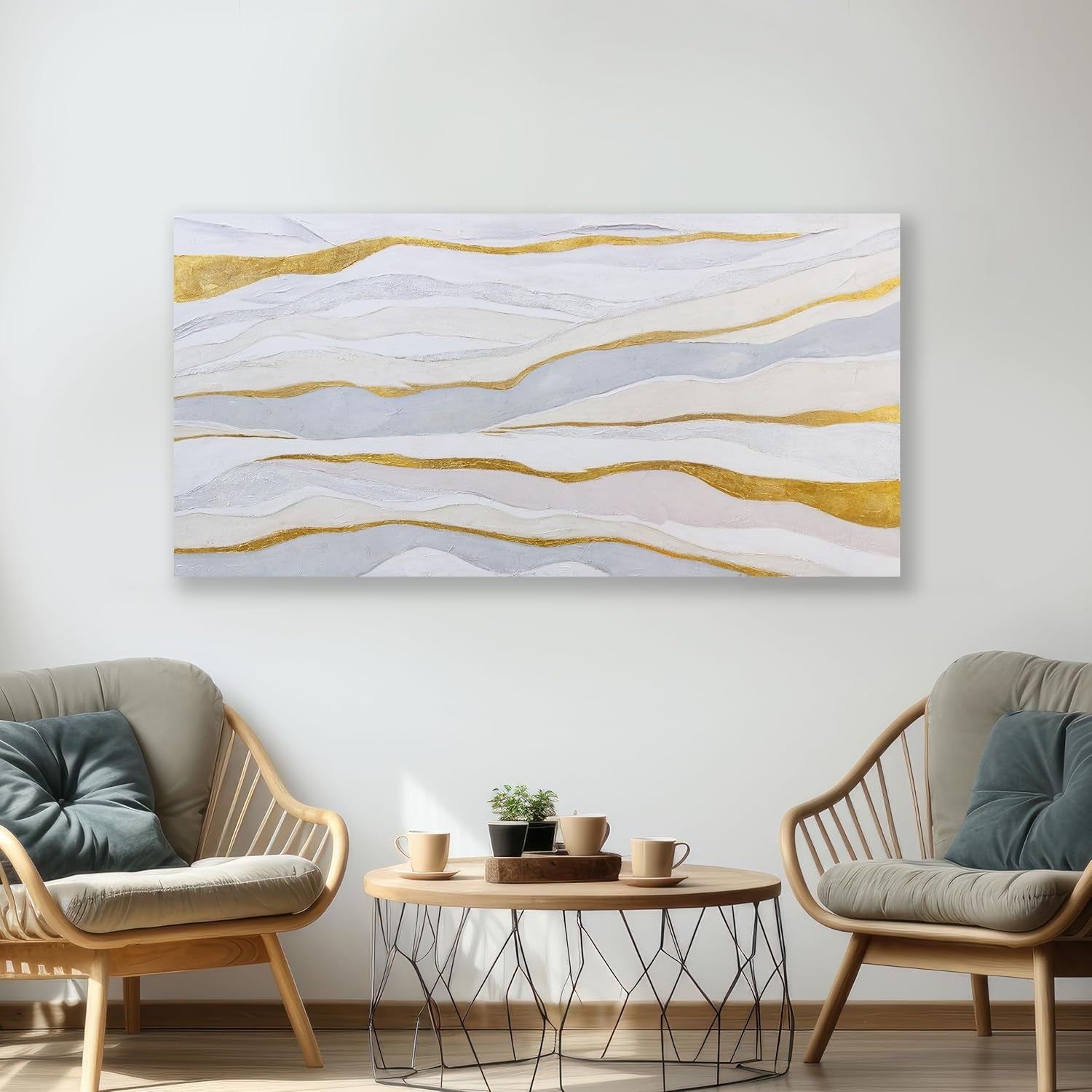 Abstract Wall Art White and Gold Wave Lines Canvas Print Artwork, Home Decor 20X40 Inch