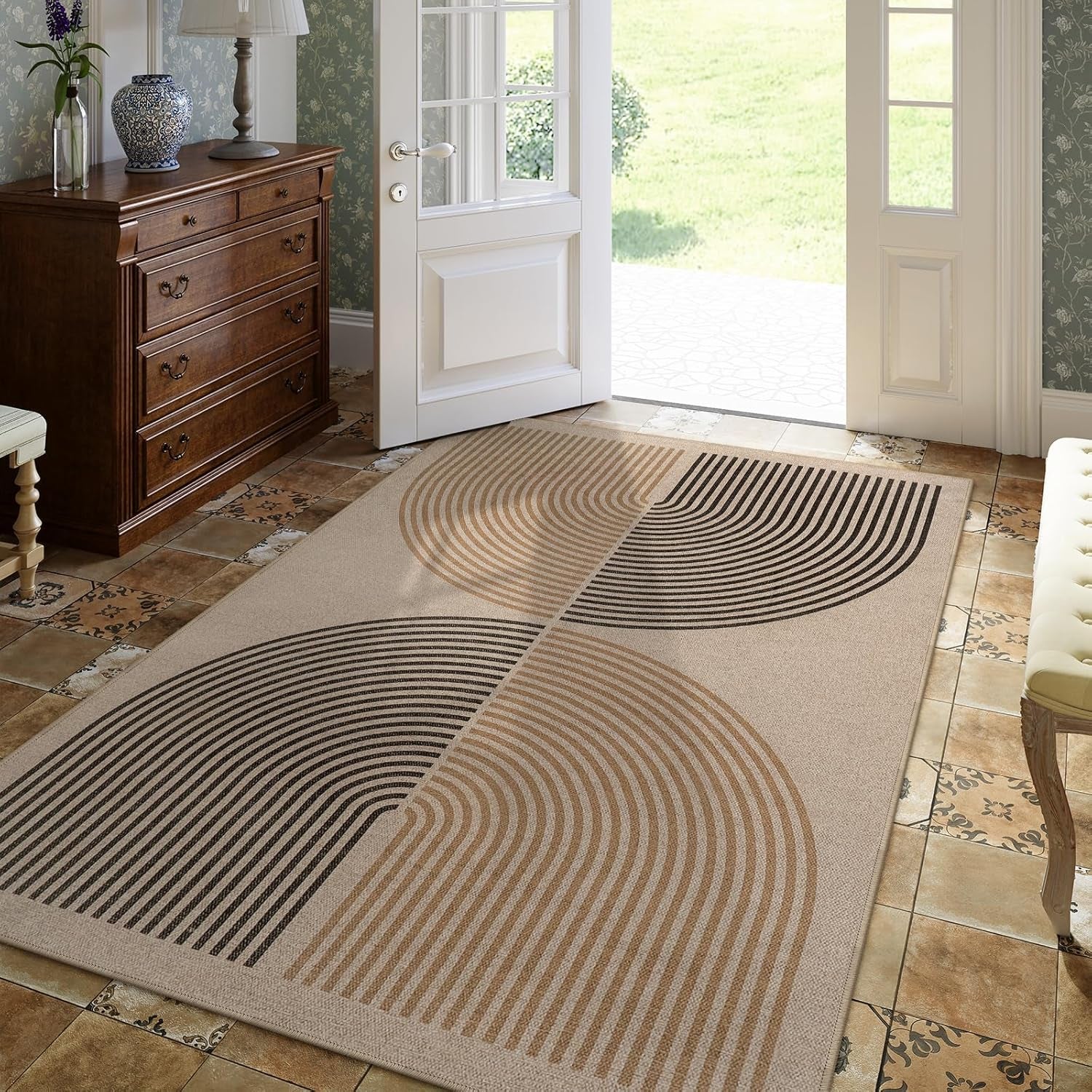 Modern Rainbow Easy Jute Rug, Washable 5X7 Area Rugs for Living Room, Black