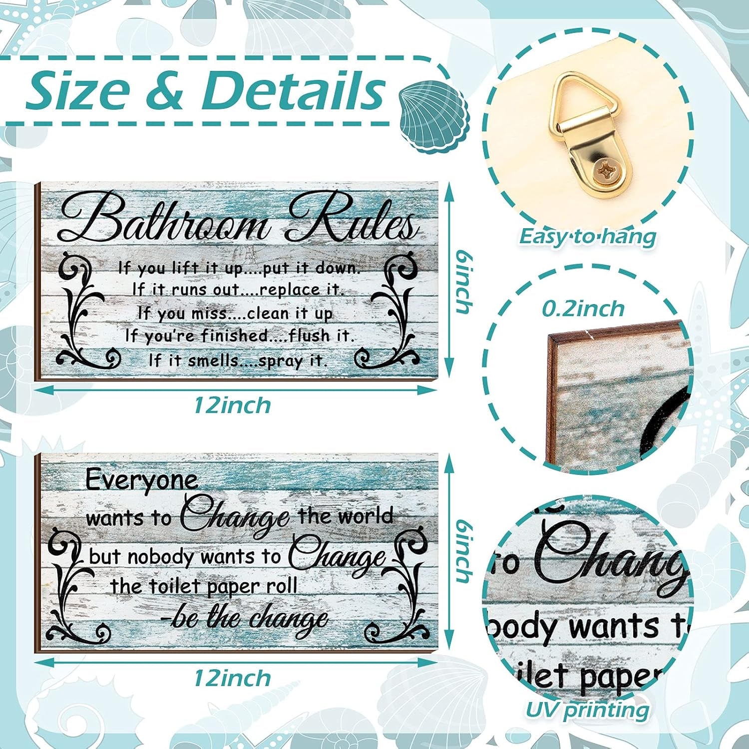 2 Pieces Funny Bathroom Signs Bathroom Wall Decor, Farmhouse Rustic Wooden Signs (Chic Style)