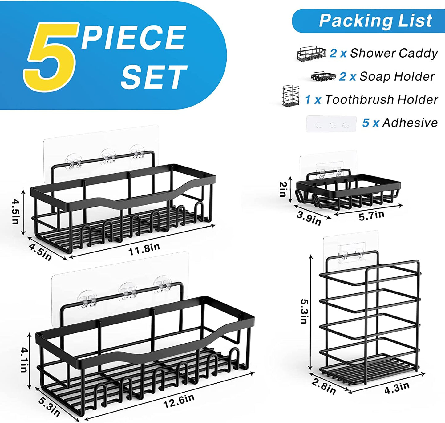 Adhesive Shower Caddy, 5 Pack Rustproof Stainless Steel Bath Organizers