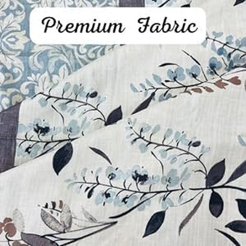 Farmhouse Floral Bordered Damask Shower Curtain - Light Blue, Beige, and Grey (72 X 70 Inches)