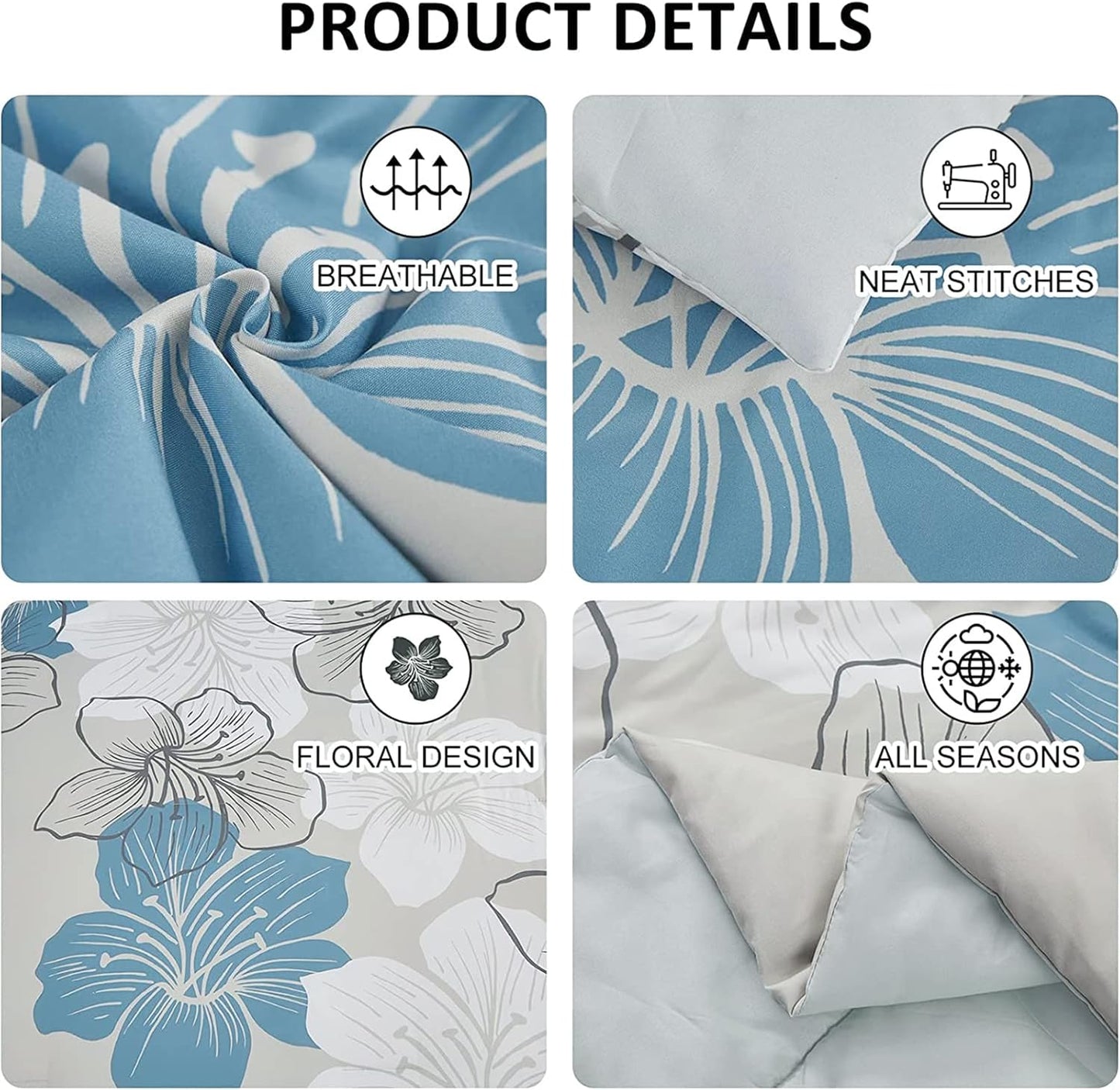Floral Comforter Set Queen Size, Blue Floral Comforter and Sheet Set, 7 Pieces Bed in a Bag Soft Microfiber Complete Bedding Sets