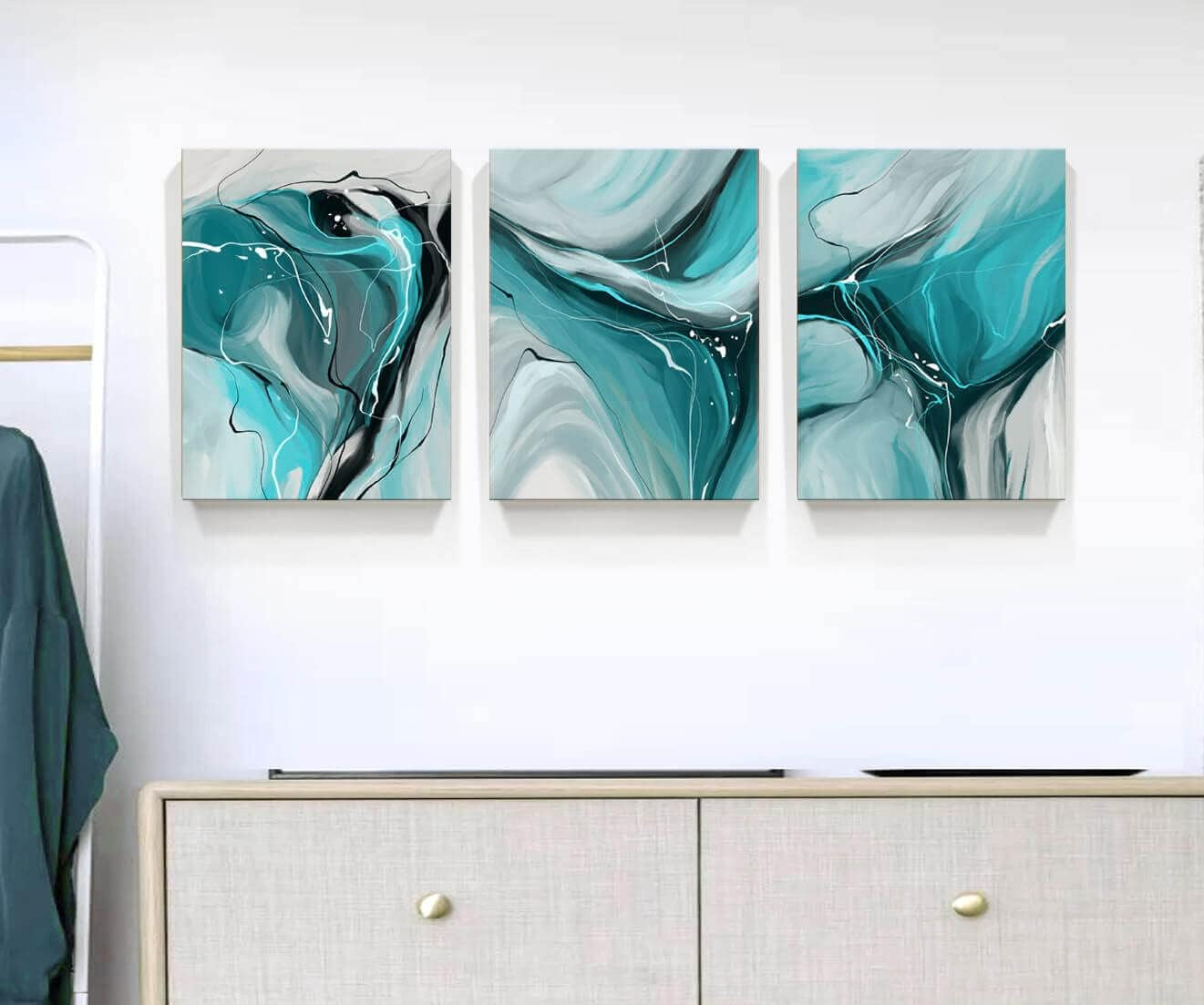Modern Abstract Wall Art Canvas Prints, 3-Piece Teal and Gray Fluid Art, Contemporary Home Decor Wall Art, 12X16 Inch/Set of 3