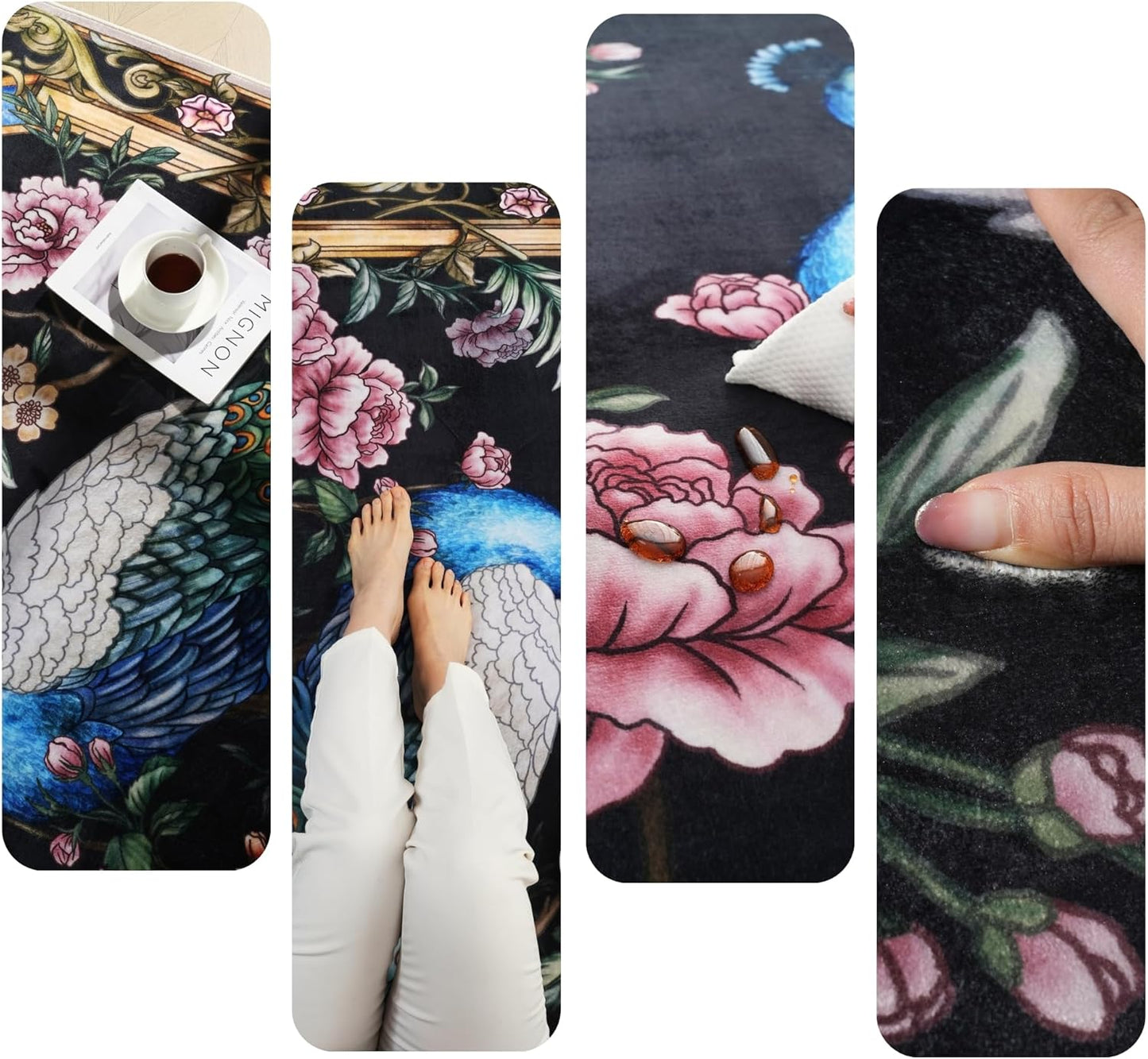 Bedroom Rug 3X5 Rug Washable Area Rug Floral Peacock, College Dorm (Black)