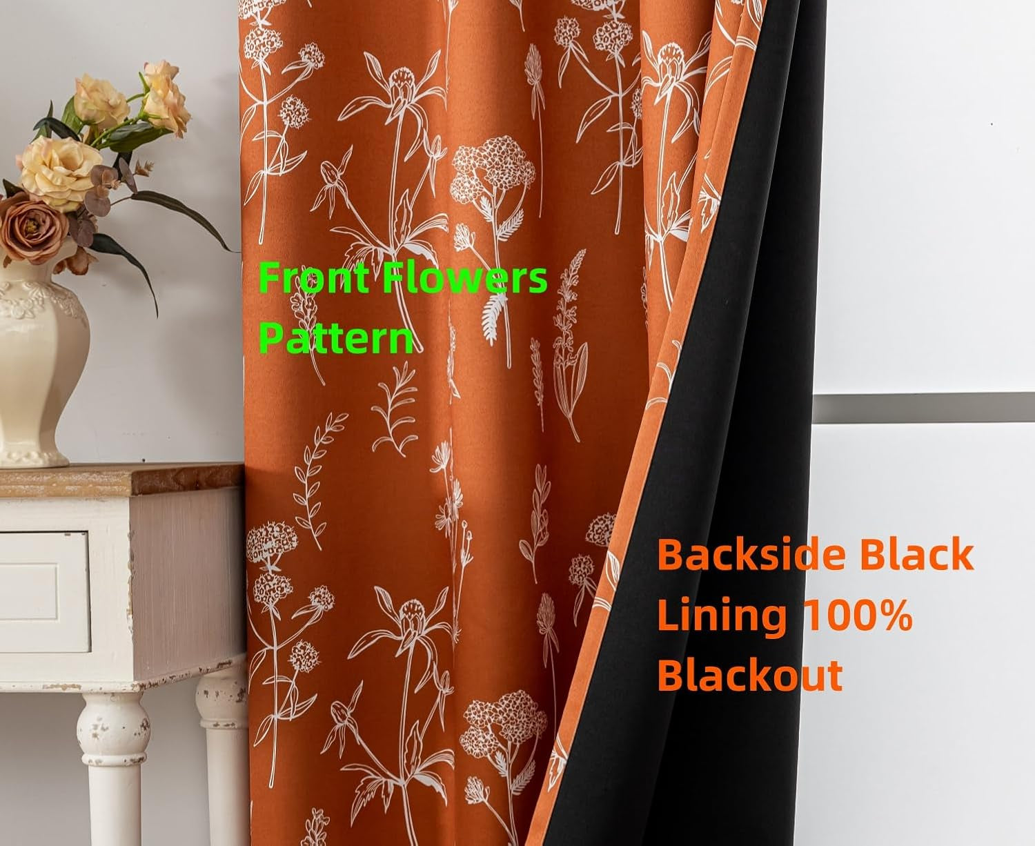 Burnt Orange Floral Curtains 100% Blackout Curtains for Bedroom 84 Inch Long 2 Panels,52Wx84L
