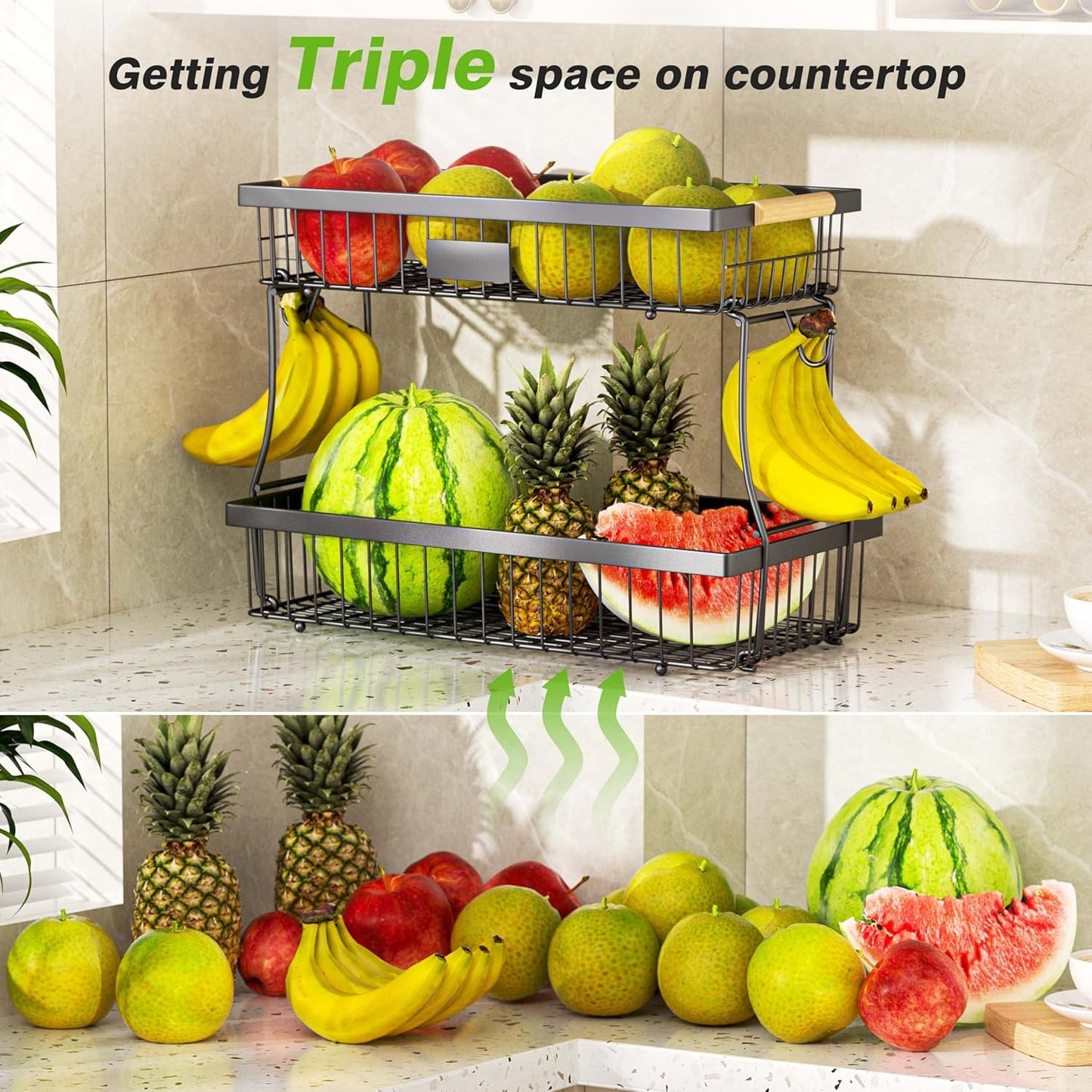 2 Tier Fruit Basket for Kitchen Counter, Wire Tiered Fruit Stand with Hangers & Handles, Black