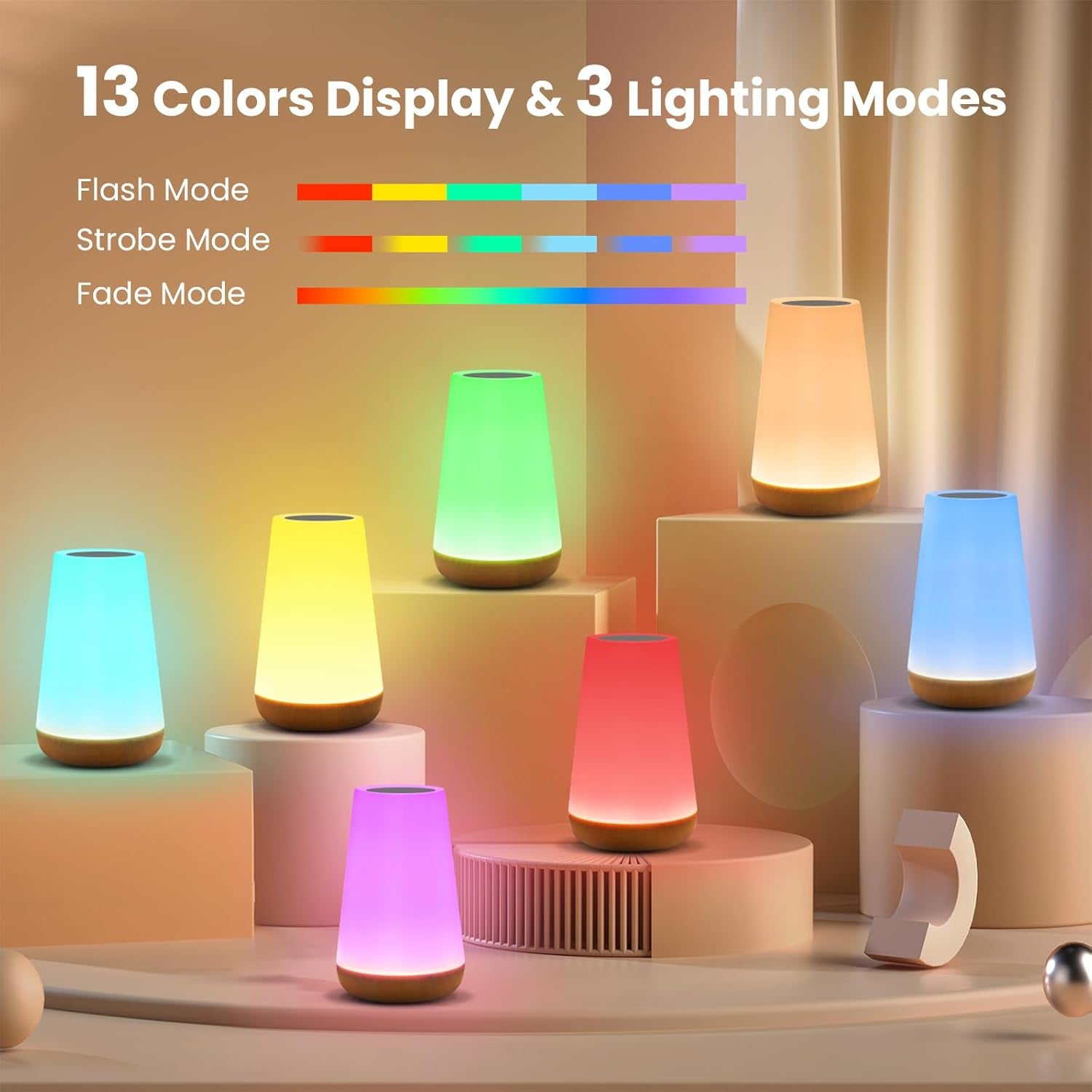 Night Light, Dimmable Touch Lamp for Bedroom, 5 Brightness 13 RGB Colors, Night Lights for Baby Nursery Bathroom