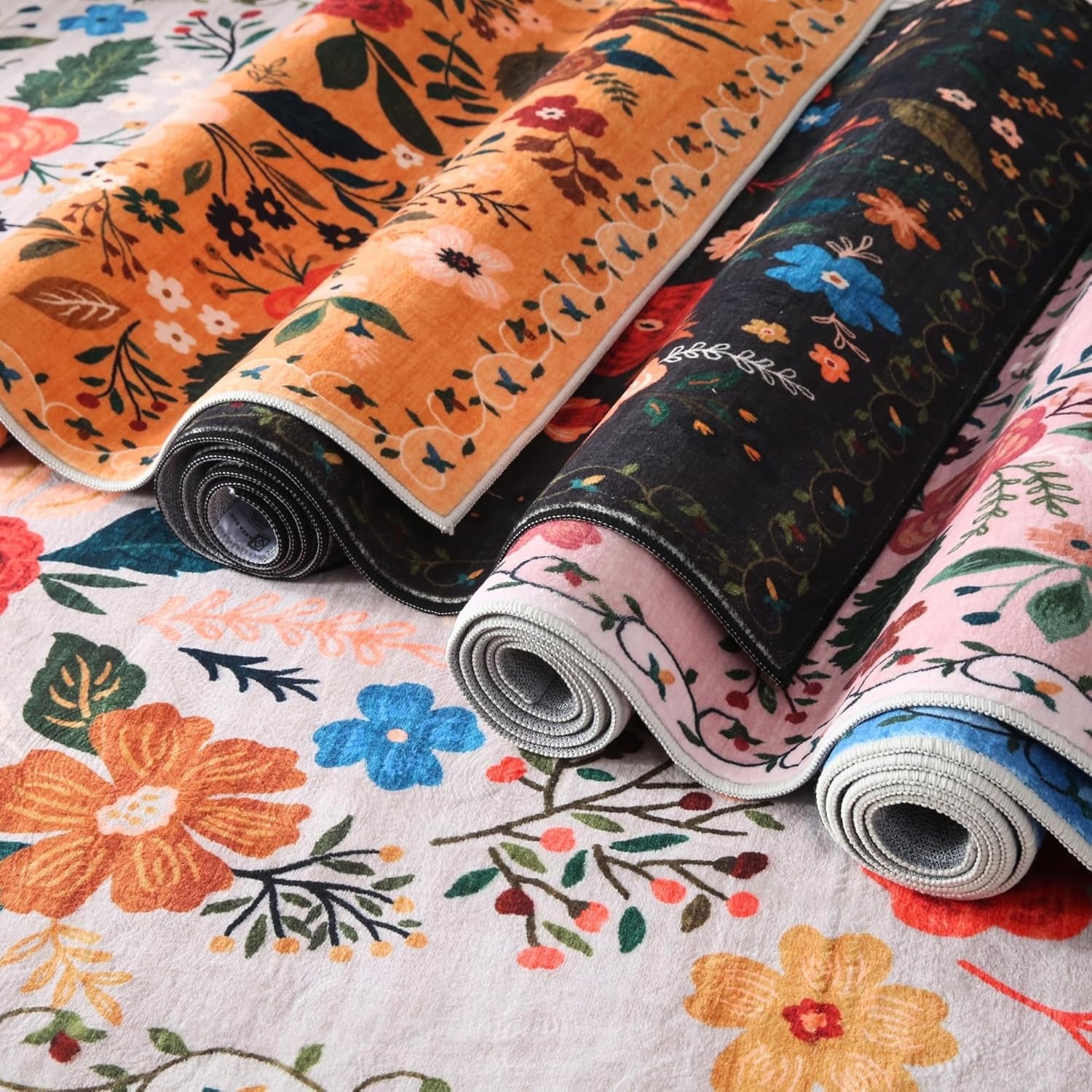 Round Rug 6Ft, Washable Circle Rug Non-Slip, Low Pile Boho Floral Small Circular Rug (Beige)